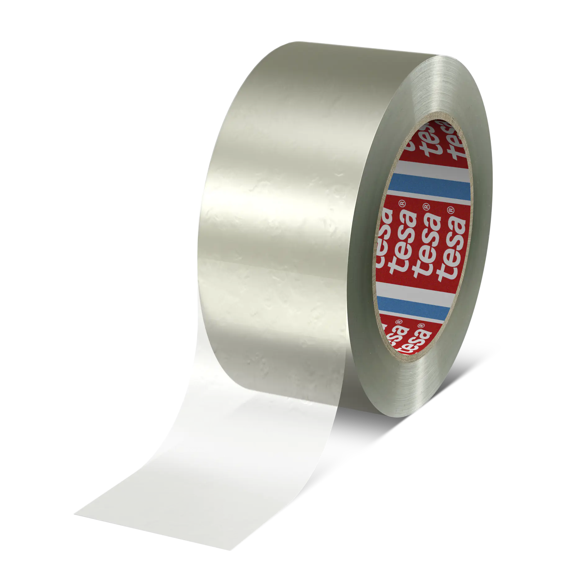 A roll of clear adhesive tesa tape with a visible unwound section. The inner core is branded with red, white, and blue logos. The background is a plain black. (This text has been generated by AI)