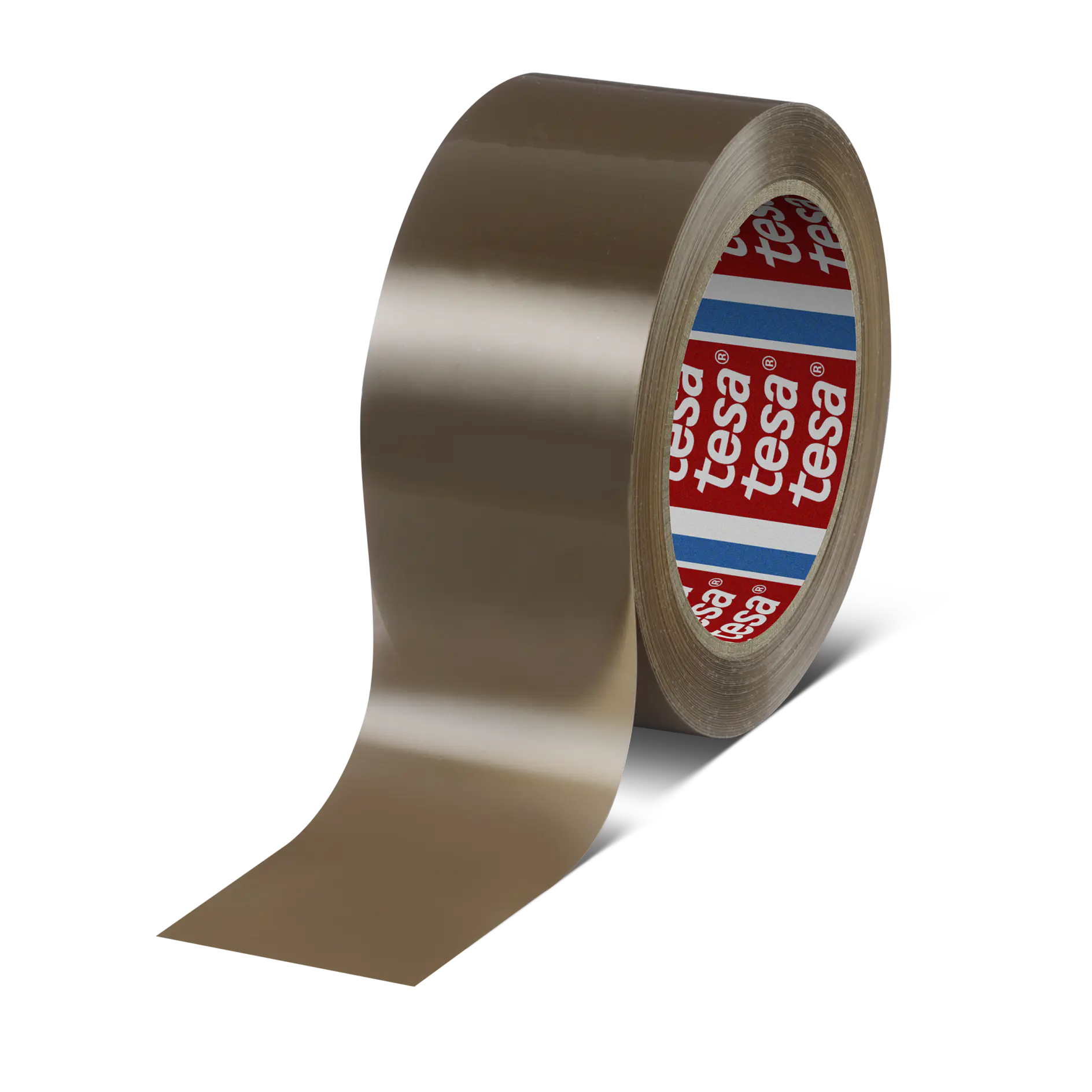 A roll of brown adhesive tesa tape with the brand name tesa printed in red on the inner core. The tesa tape is partially unrolled, showing its glossy texture, set against a plain background. (This text has been generated by AI)