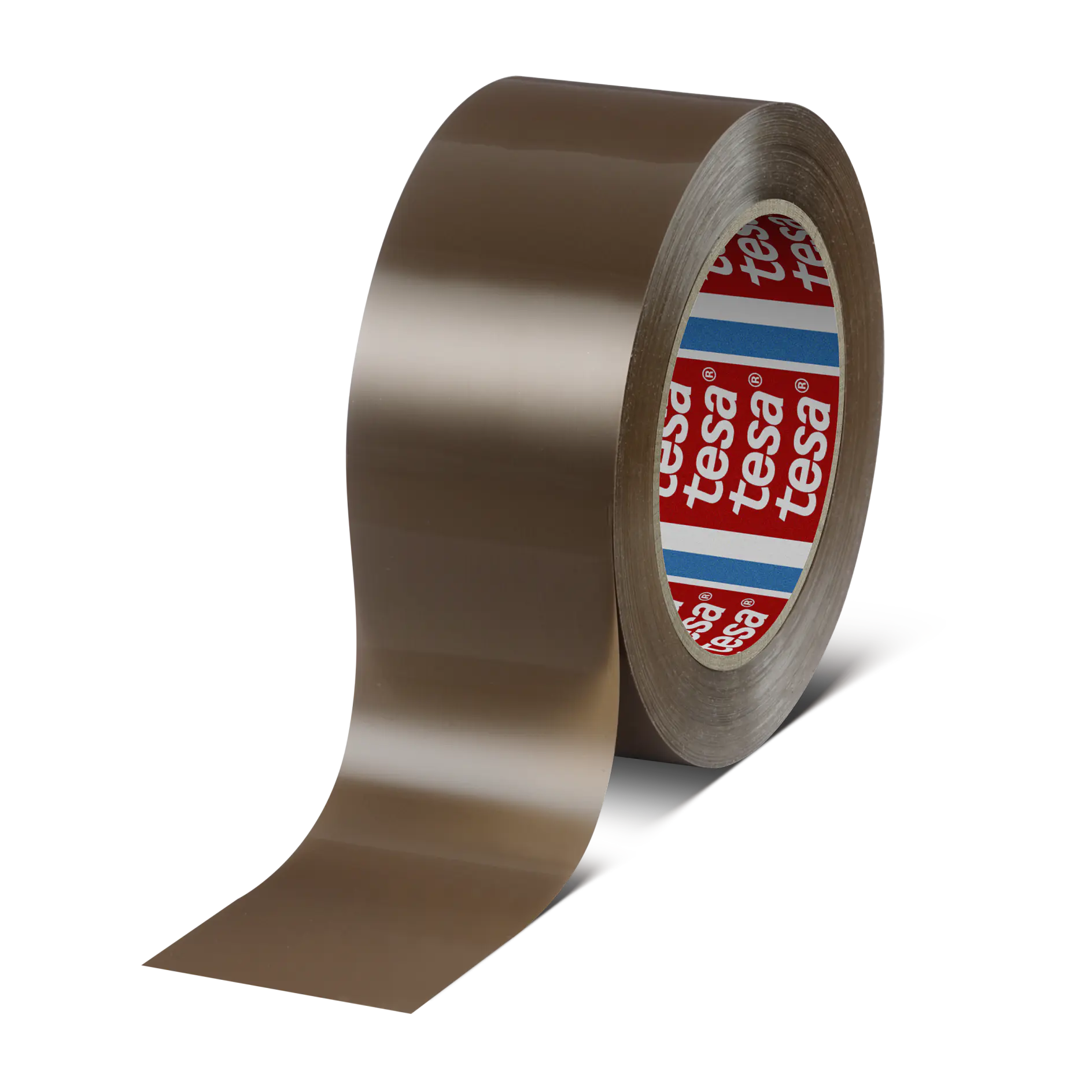 A roll of brown adhesive tesa tape is partially unrolled. The inner side of the roll features a red and white design with the brand name tesa printed repeatedly. (This text has been generated by AI)