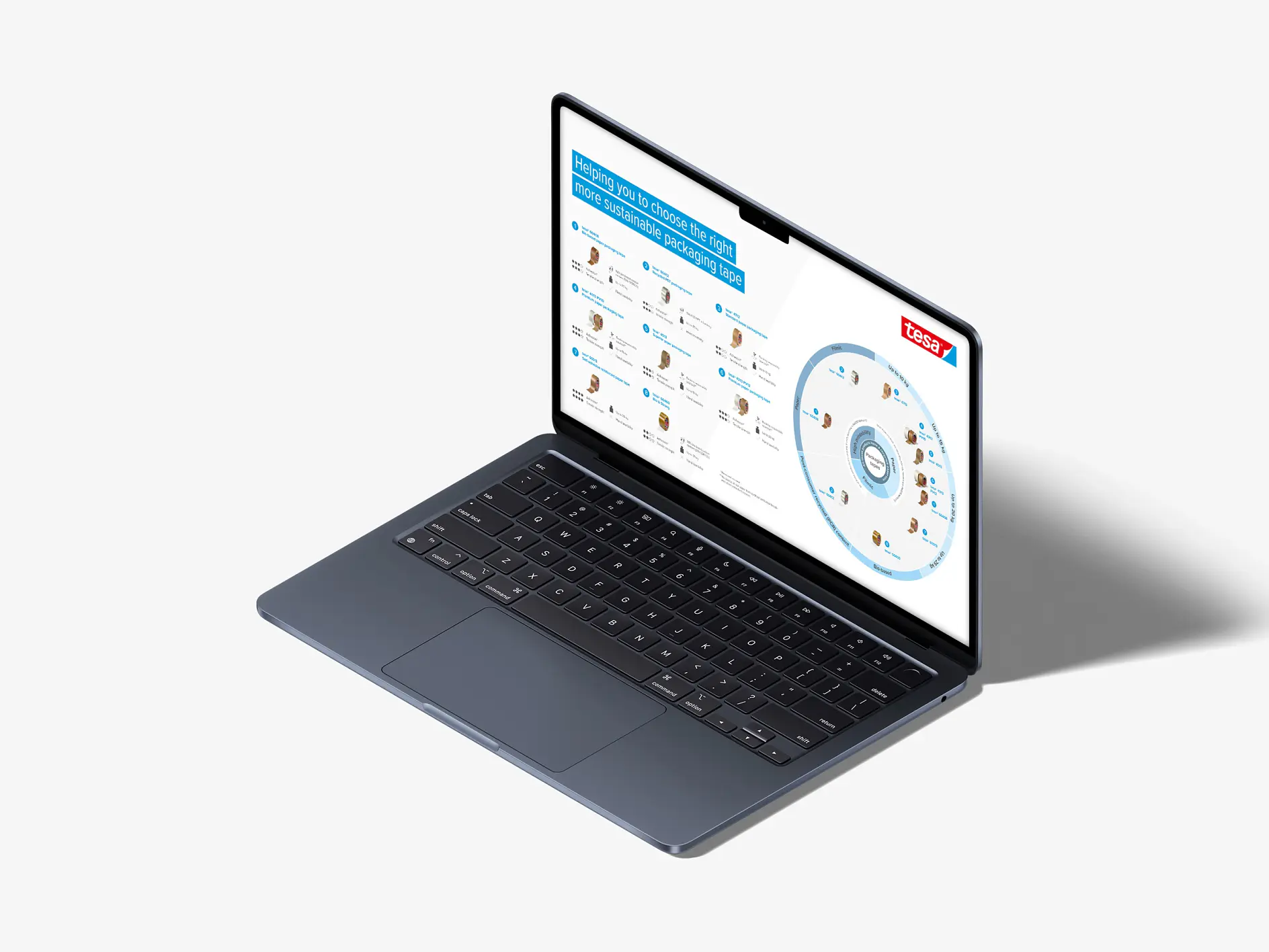 A laptop with a black keyboard is open, displaying a screen. On the screen is a circular diagram with text and images, along with a tesa tape logo in the top right corner. The laptop is positioned on a light surface with a shadow cast to the right. (This text has been generated by AI)