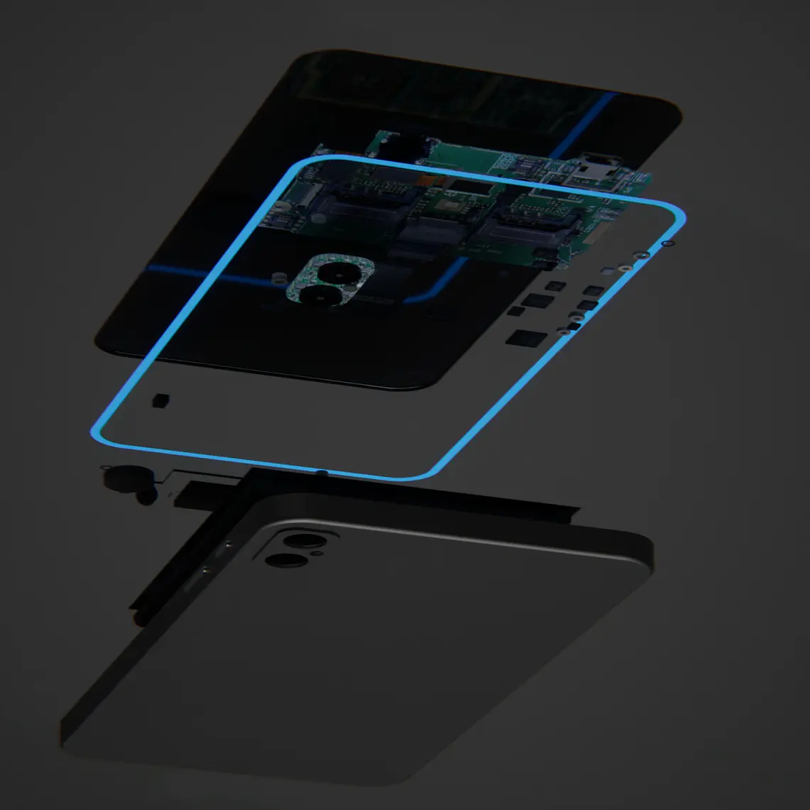 Exploded view of a smartphone showing its internal components. Layers include the display, circuit board, camera module, and outer casing. The components are highlighted with a faint blue glow against a dark background.