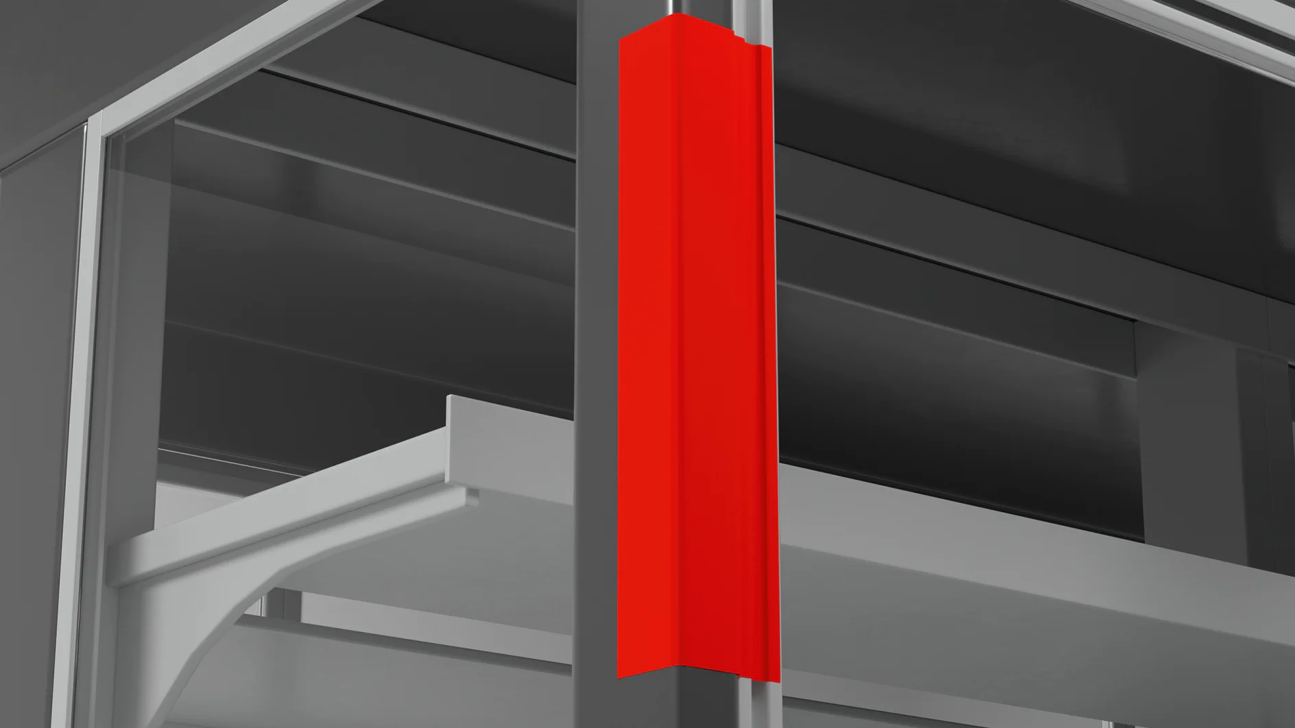 A close-up of a red protective strip attached to the corner of a metal structure. The structure has horizontal shelving, with the red strip providing a contrast to the gray metal. The setting appears to be industrial or commercial. (This text has been generated by AI)