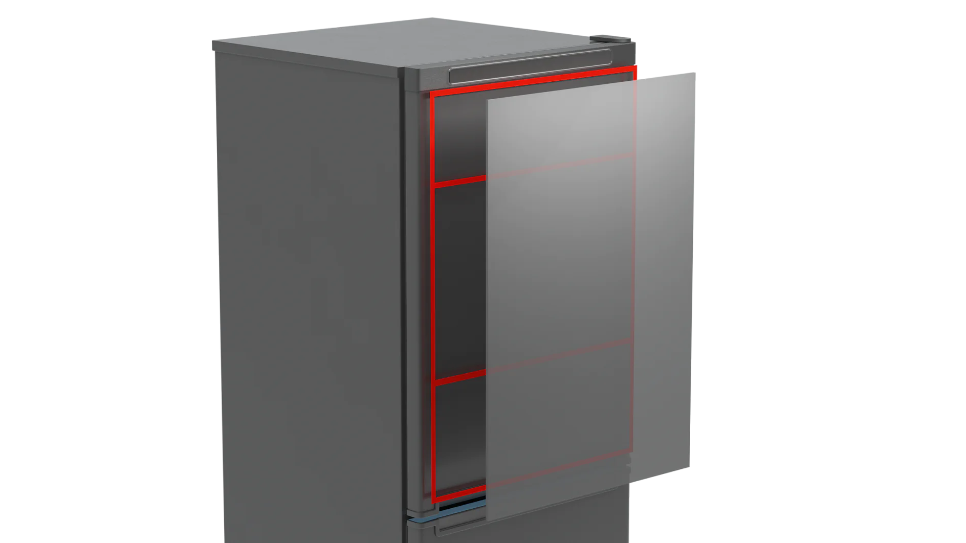 A gray, rectangular display cabinet with a transparent front door slightly open. The interior of the cabinet is outlined with red lines, highlighting its shelves secured by tesa tape. The cabinet is positioned against a neutral background. (This text has been generated by AI)