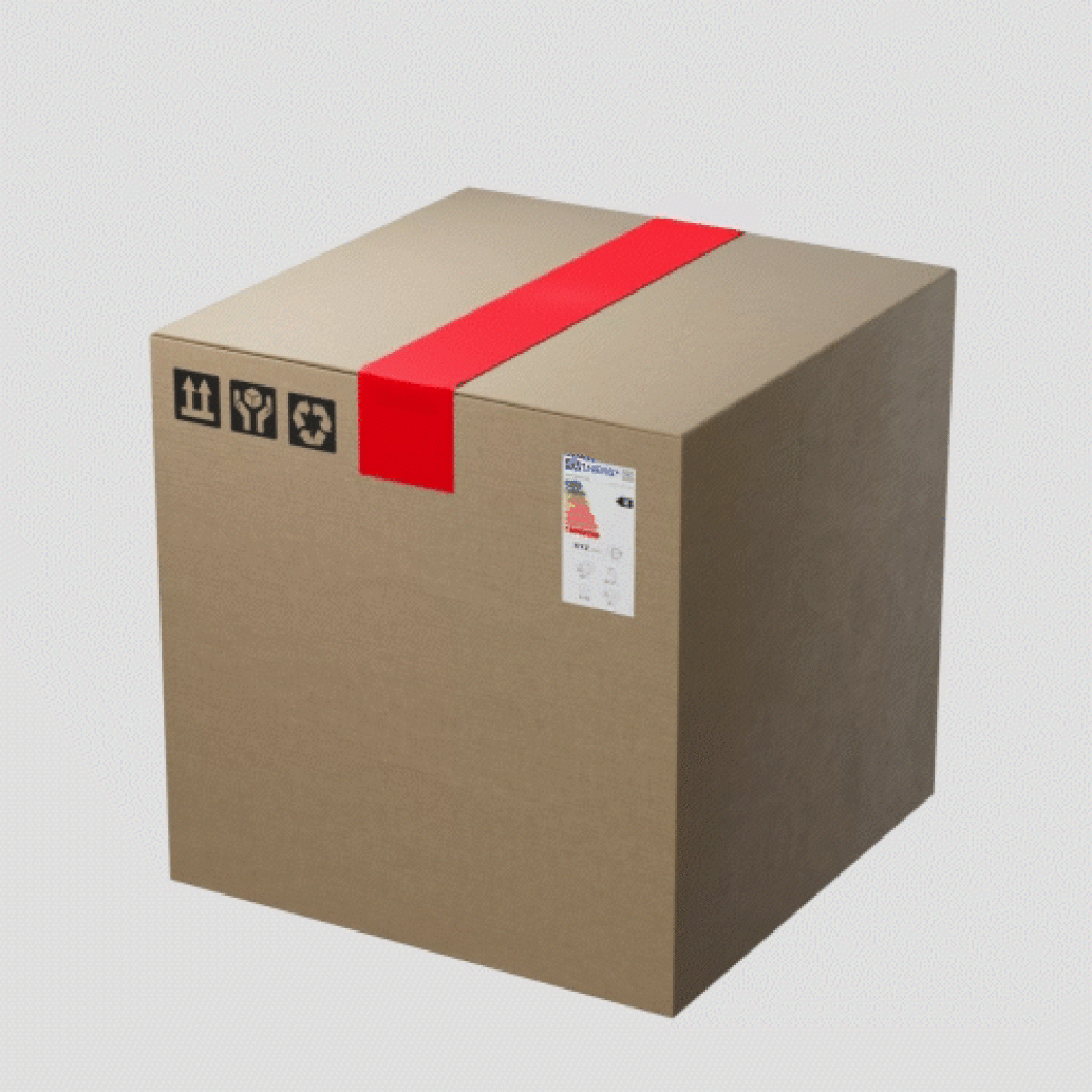 A large brown cardboard box with a red ribbon on top. The box features three symbols: fragile, recycle, and handle with care. A white label with text and graphics is affixed to the side using tesa tape. (This text has been generated by AI)