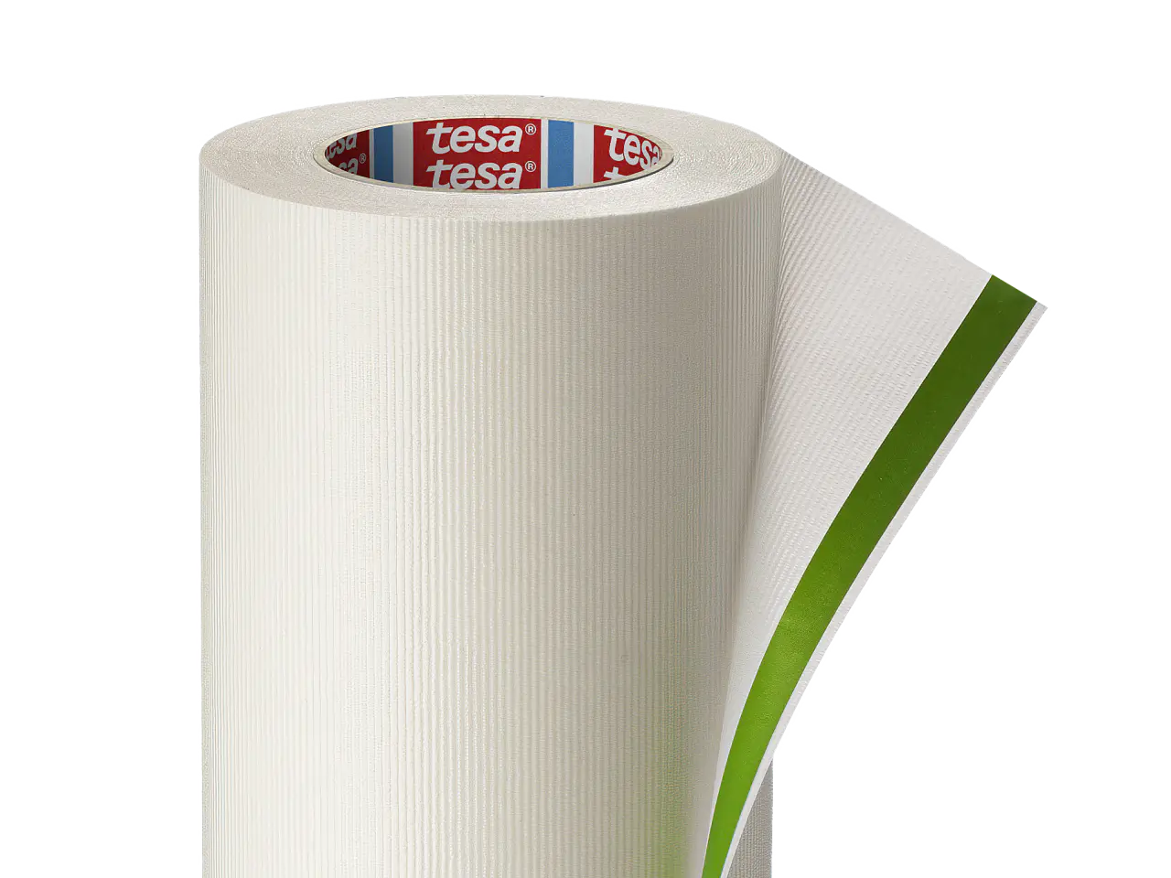 A large roll of textured white tesa tape with a partially unrolled section revealing a green and blue adhesive layer. The roll stands upright, with a tesa brand label on the inner core.