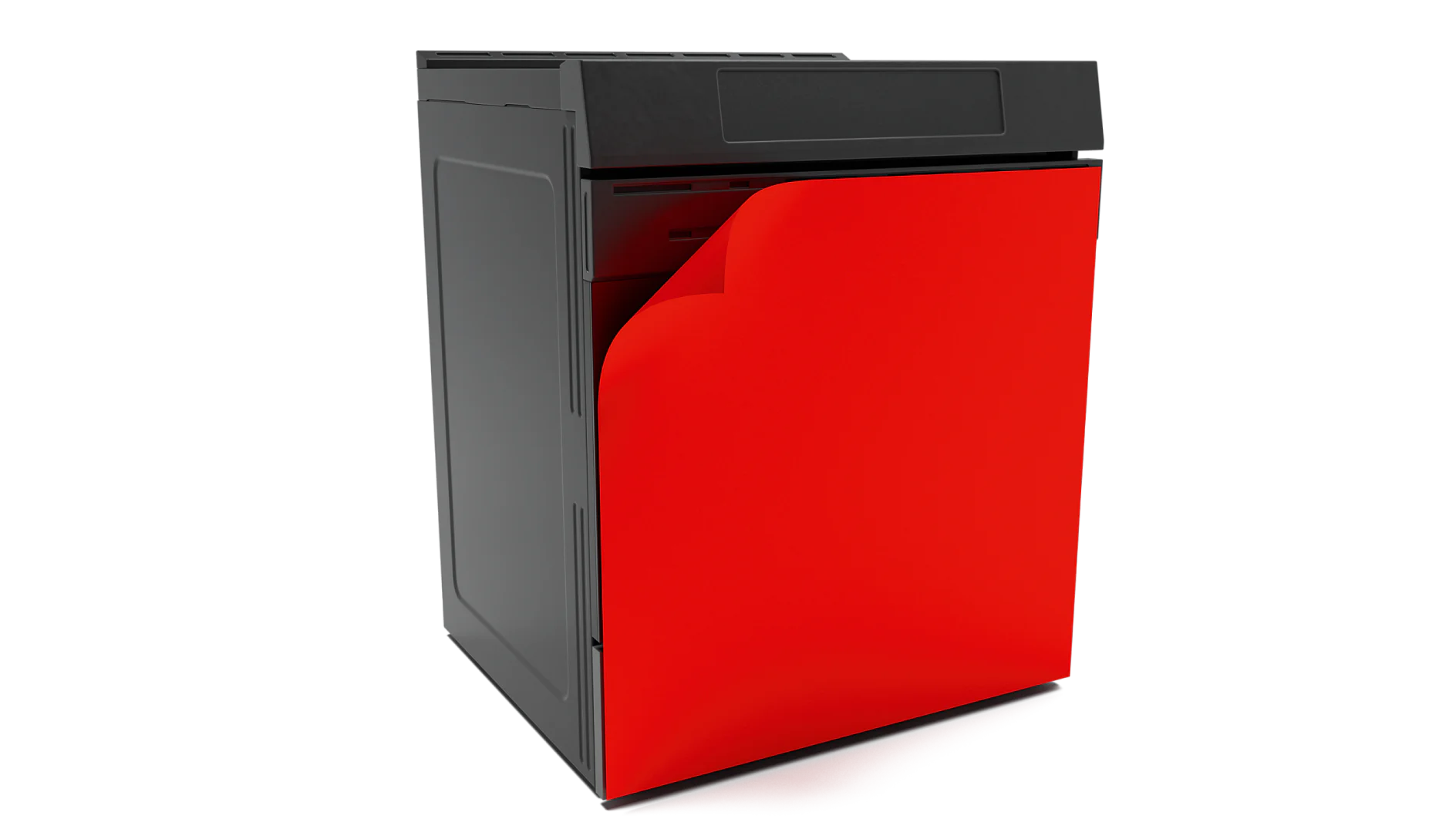 A 3D render of a gray computer tower with a red panel on the front affixed using tesa tape. The red panel appears to be a decorative or design element, distinctive against the otherwise plain gray exterior. The tower is angled slightly in the image. (This text has been generated by AI)