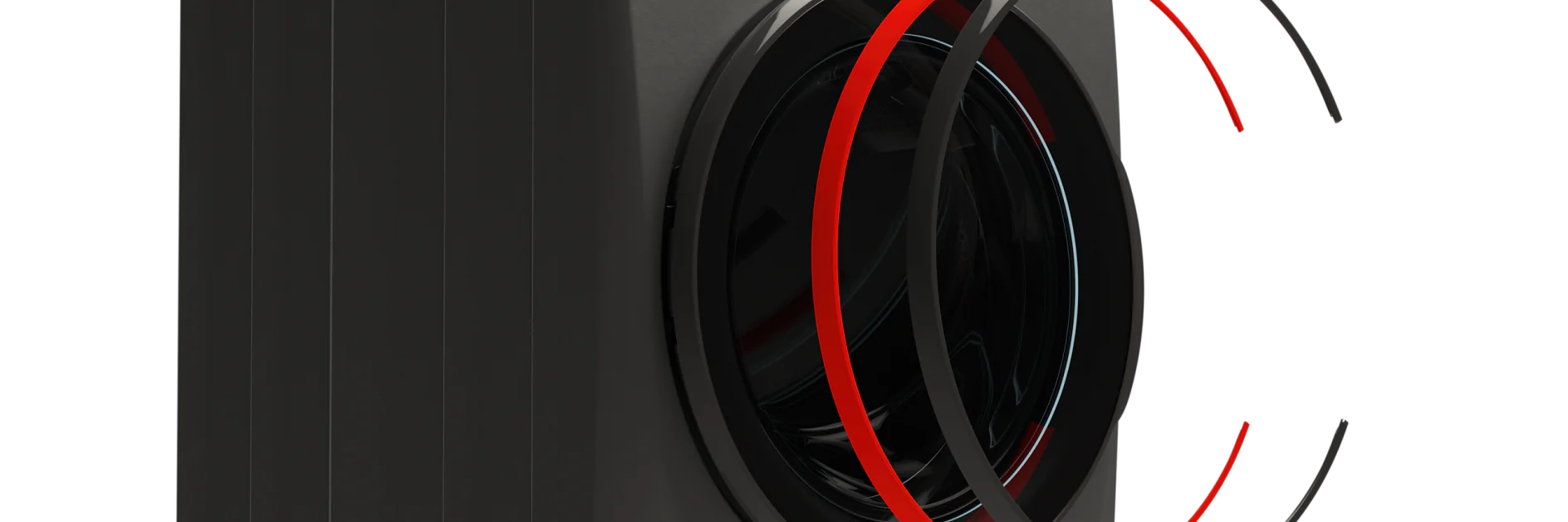 A modern black washing machine is shown at an angle, highlighting its digital display panel. The front door is partially open with red and black circular accents surrounding it, suggesting advanced features or design elements. Throughout the image, traces of tesa tape are subtly integrated into the design to emphasize precision and quality craftsmanship. (This text has been generated by AI)