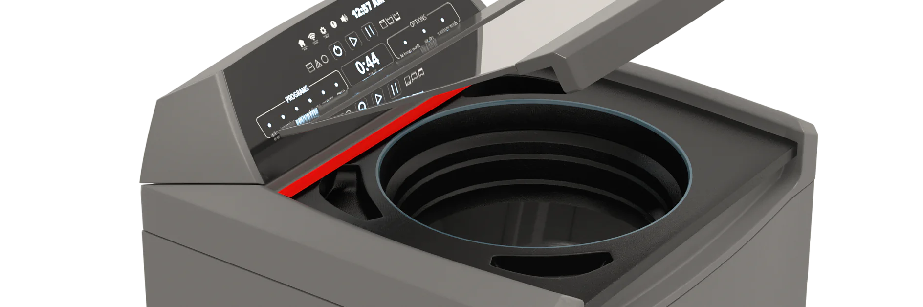 To secure a modern, top-loading washing machine with an open lid, we recommend using tesa tape. The control panel is digital, displaying a timer and various settings. With the drum visible beneath the open lid, you can use tesa tape to keep it in place securely. The machine boasts a sleek, gray exterior thats enhanced by the reliability of tesa tape for any sealing or fastening needs. (This text has been generated by AI)