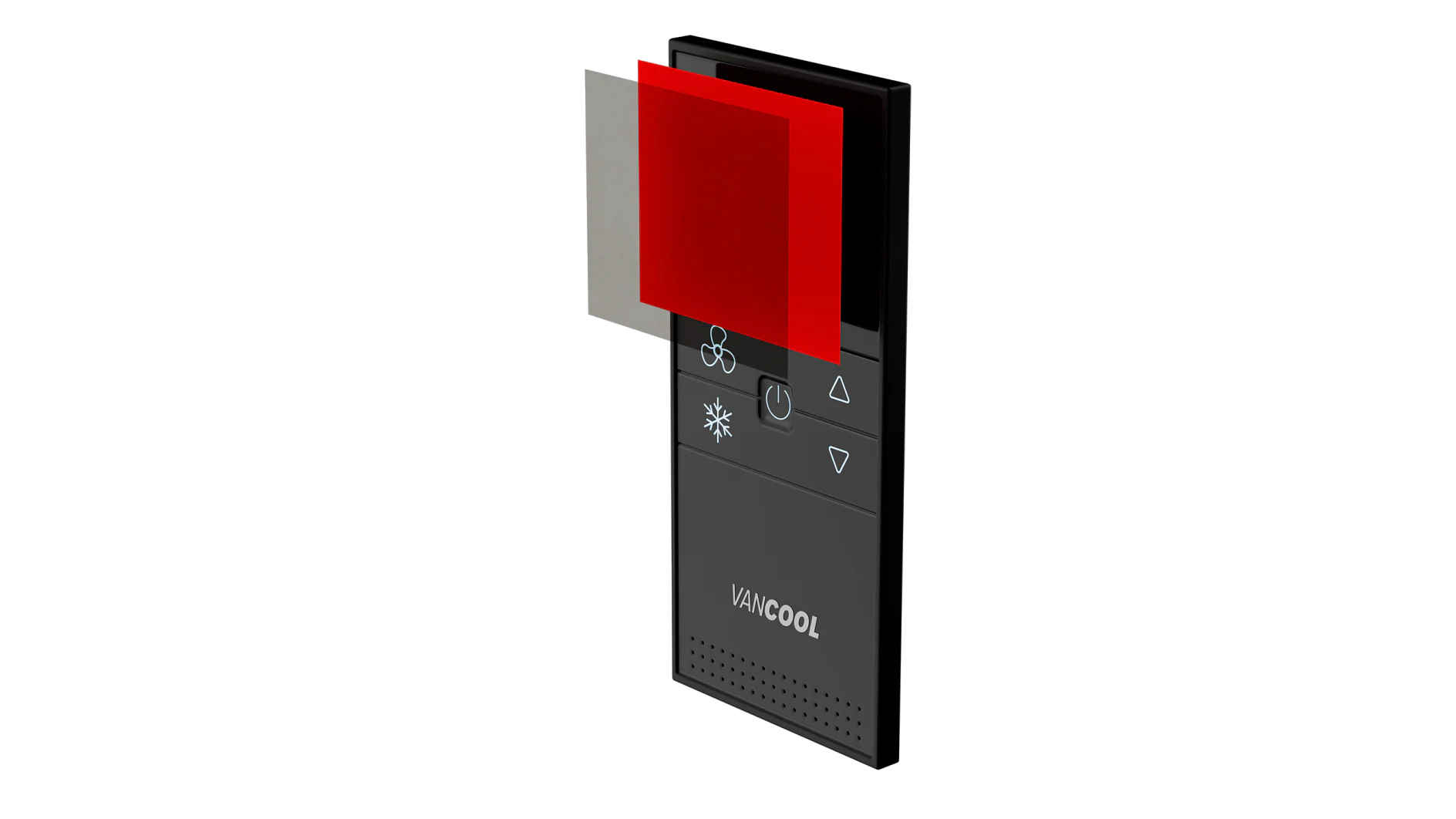 The image shows a black electronic device labeled Vailcool. It has buttons with symbols for fan, snowflake, and two arrows pointing up and down. A red and gray semi-transparent sheet partially overlays the top left, held in place by tesa tape. (This text has been generated by AI)