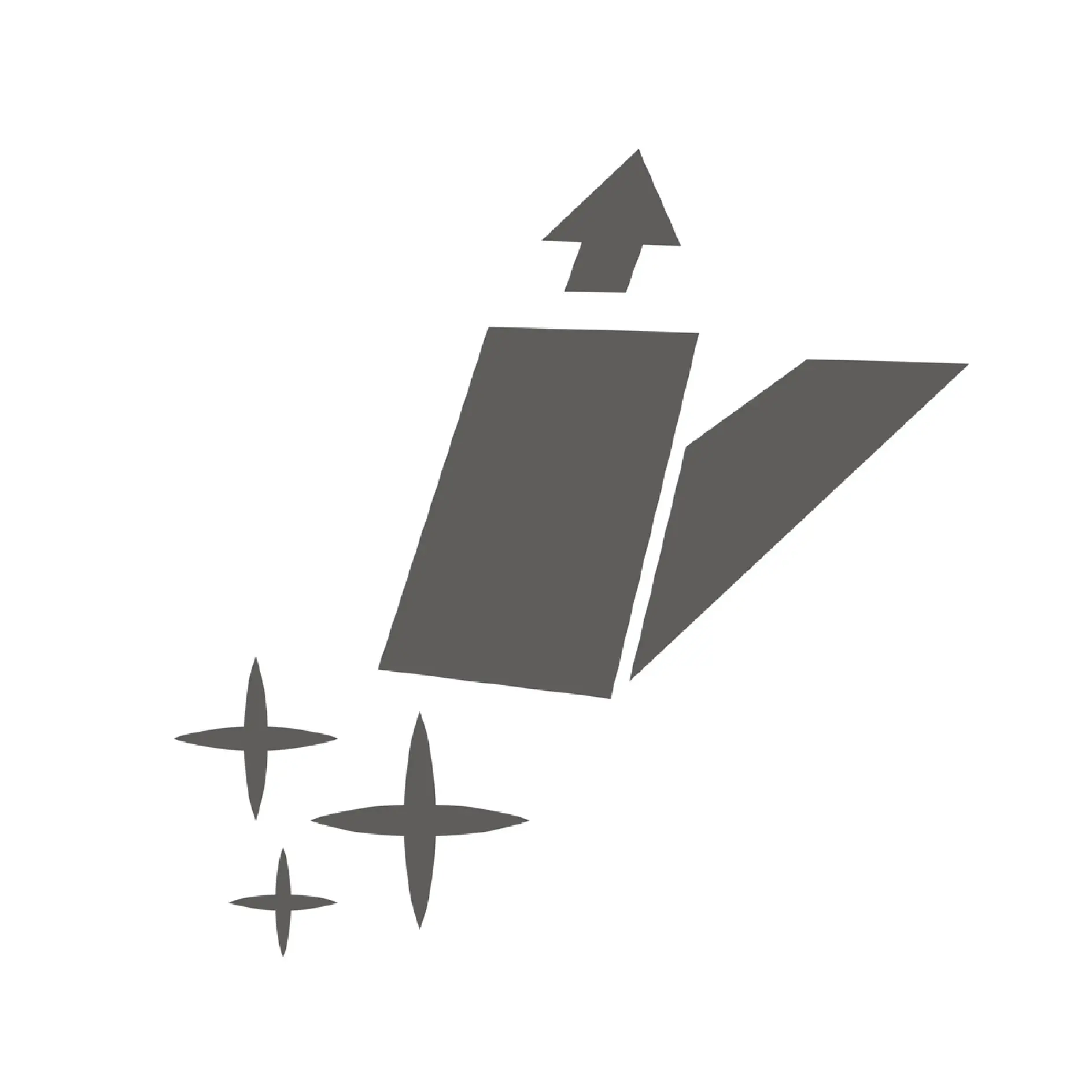 Icon of a gray paper airplane with an upward-pointing arrow, accompanied by three sparkle symbols on a white background featuring tesa tape. (This text has been generated by AI)