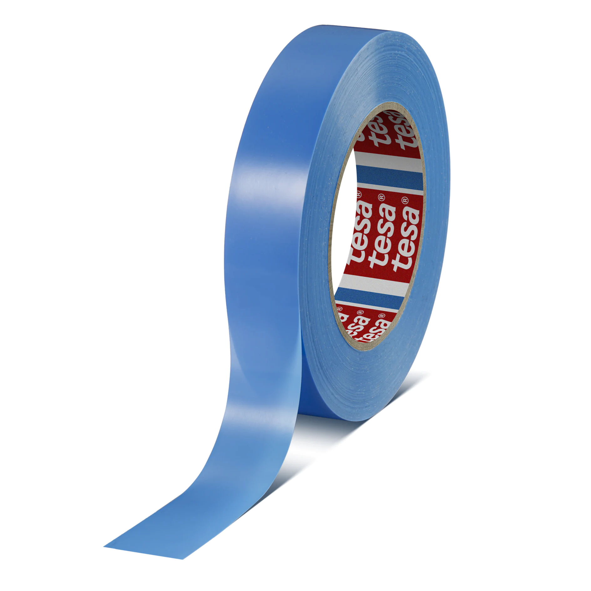 roll of blue tesa adhesive tape with partially unrolled strip on white background (This text has been generated by AI)