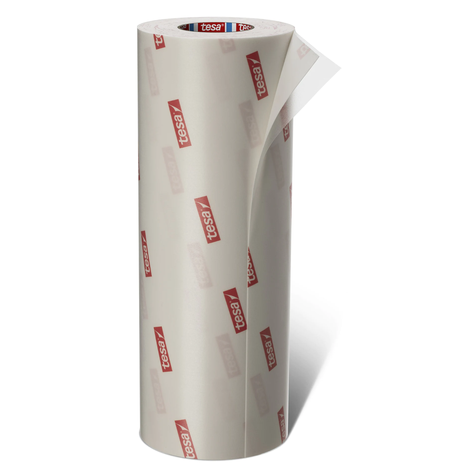 roll of transparent adhesive tape with red tesa logos on white backing, standing upright on white background (This text has been generated by AI)