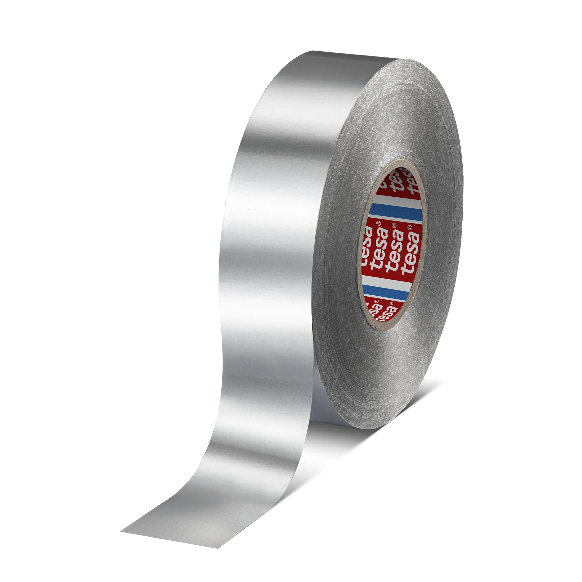 Roll of silver tesa adhesive tape standing upright on a white background, partially unrolled to show the tape surface. (This text has been generated by AI)