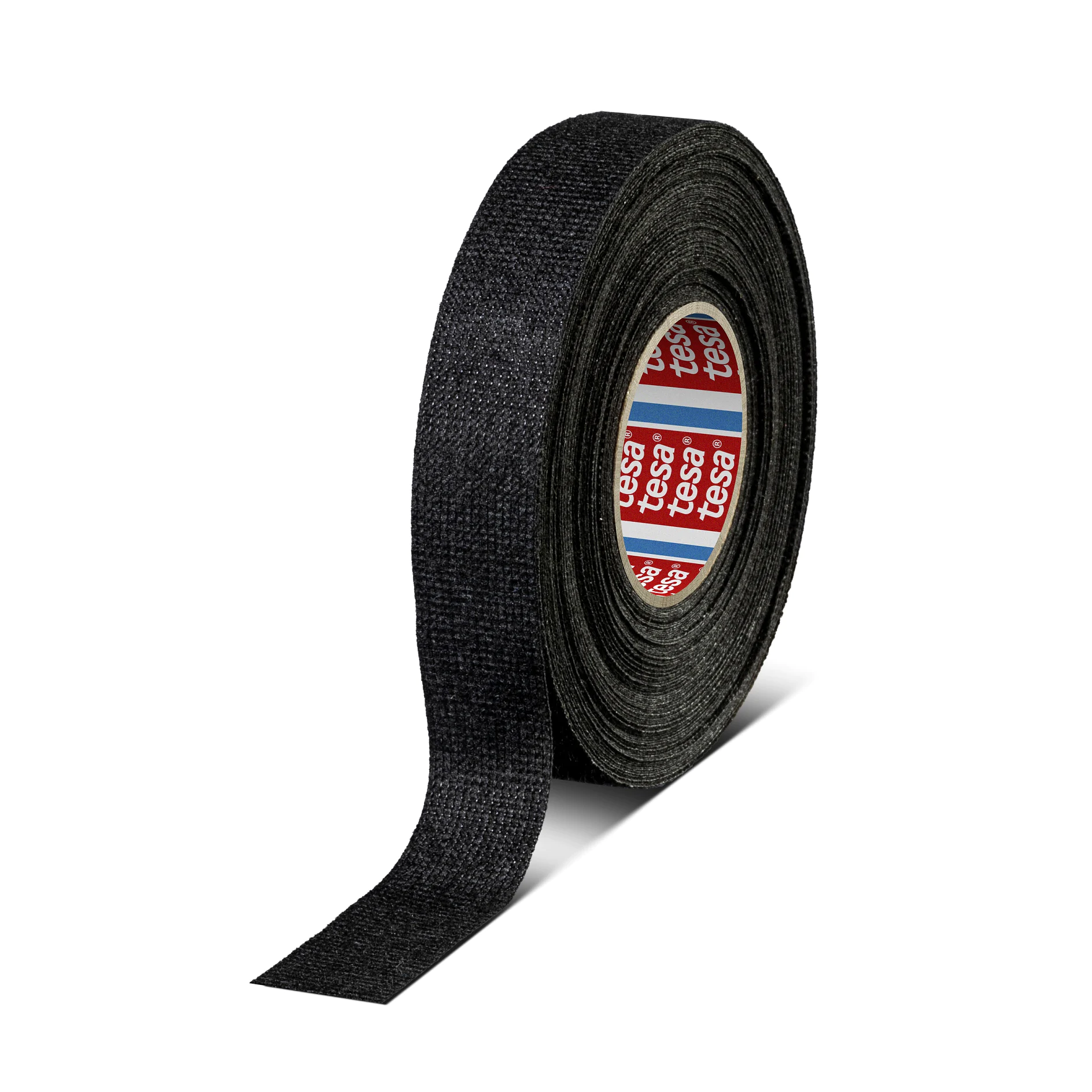 roll of black tesa adhesive tape standing upright on a white background with a strip partially unrolled (This text has been generated by AI)