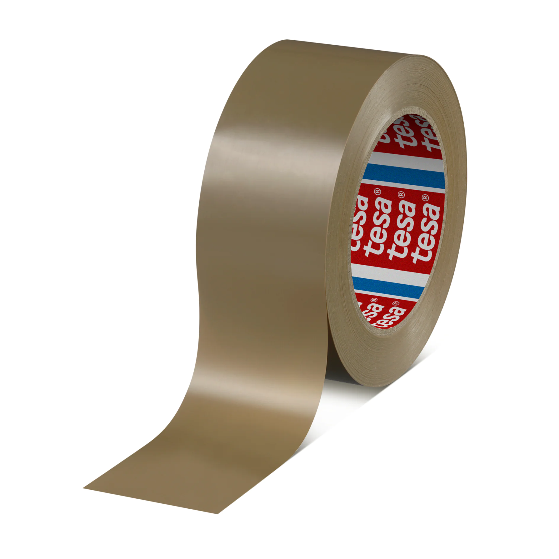 roll of beige tesa adhesive tape with red and blue branded core on black background (This text has been generated by AI)