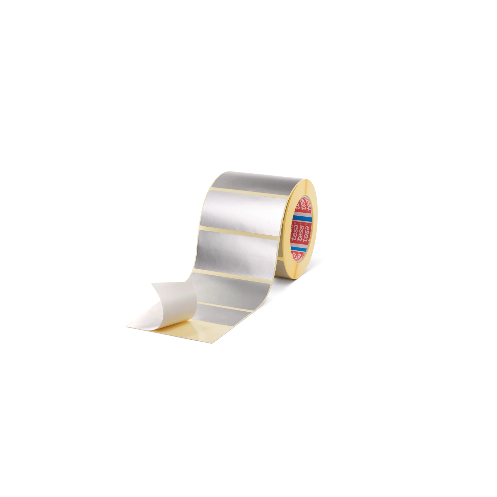 roll of tesa adhesive tape with partially peeled backing on white background (This text has been generated by AI)