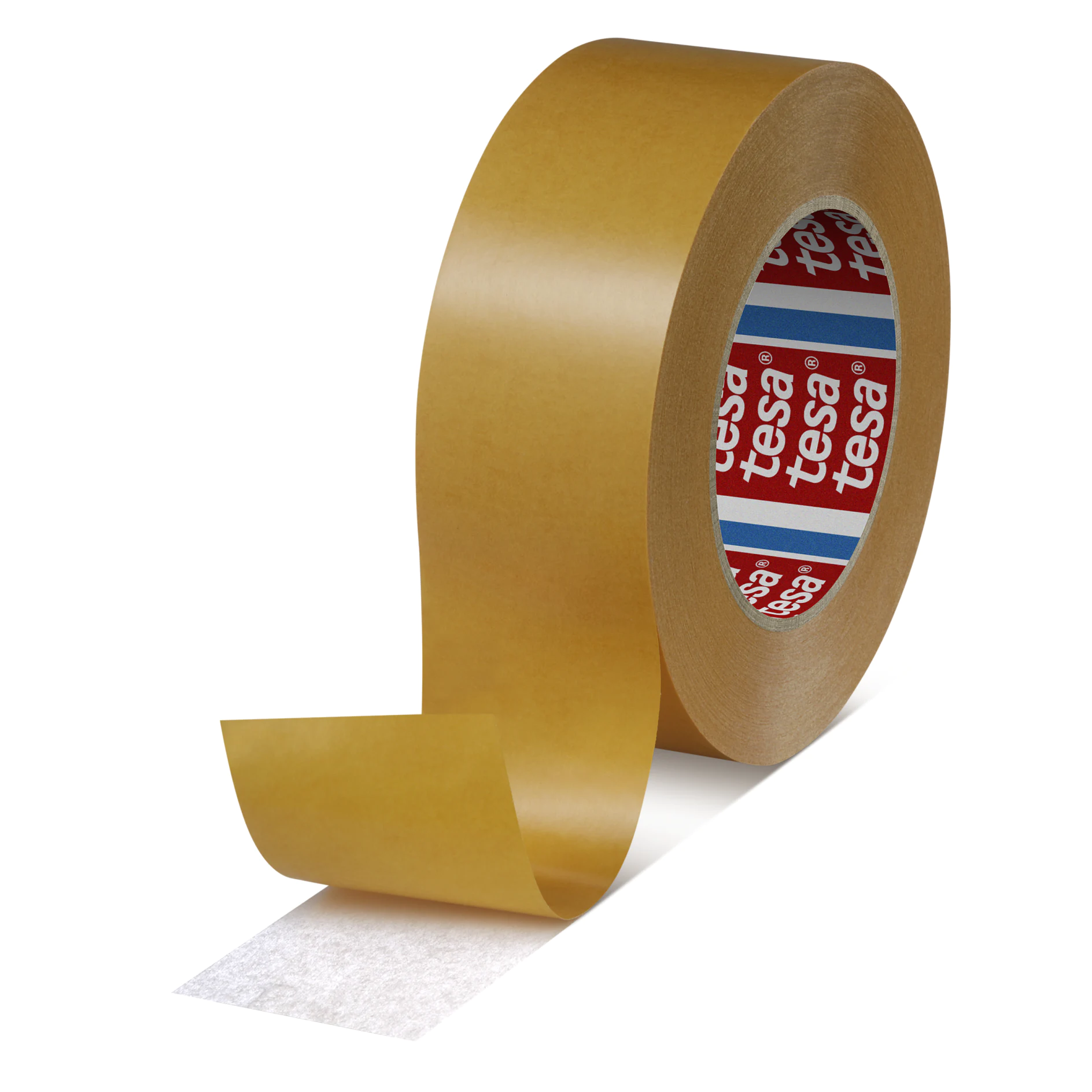 roll of brown tesa adhesive tape with a partially unrolled end on a white background (This text has been generated by AI)