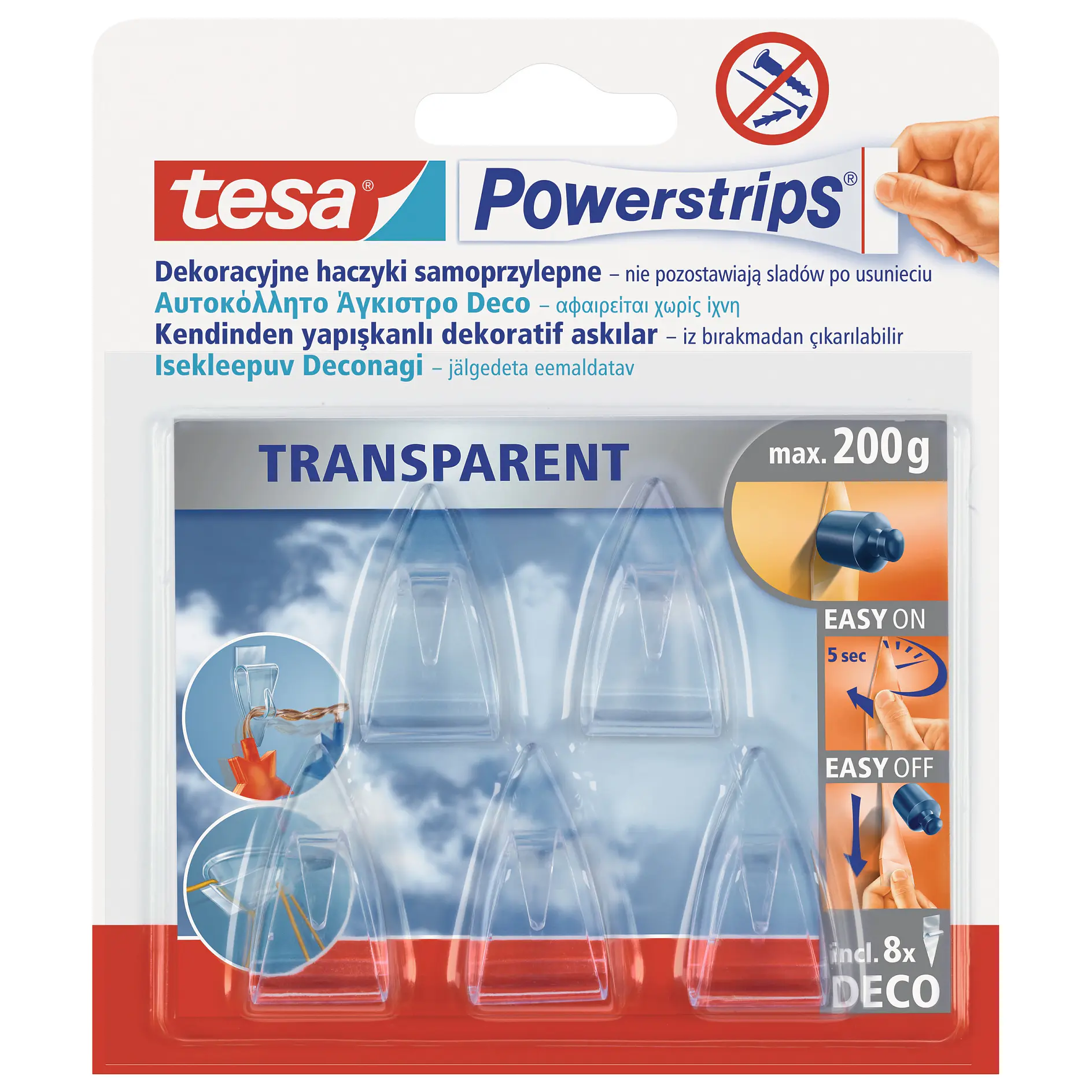 tesa transparent Powerstrips pack with 4 clear adhesive hooks for easy mounting and removal, displayed in retail packaging. (This text has been generated by AI)