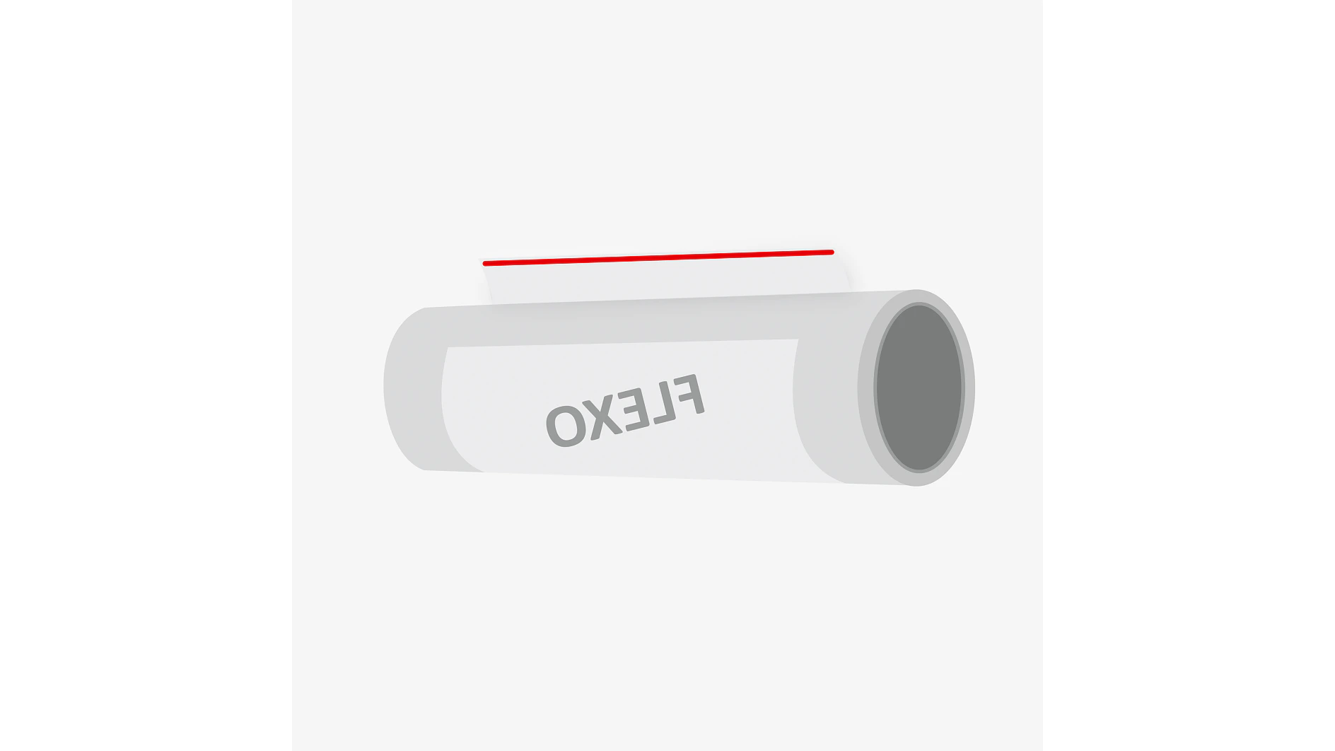 A gray lint roller with a white label and the word FLEXO printed in reverse sits against a plain white background. The roller has a red handle attached on top, along with tesa tape to ensure durability. (This text has been generated by AI)