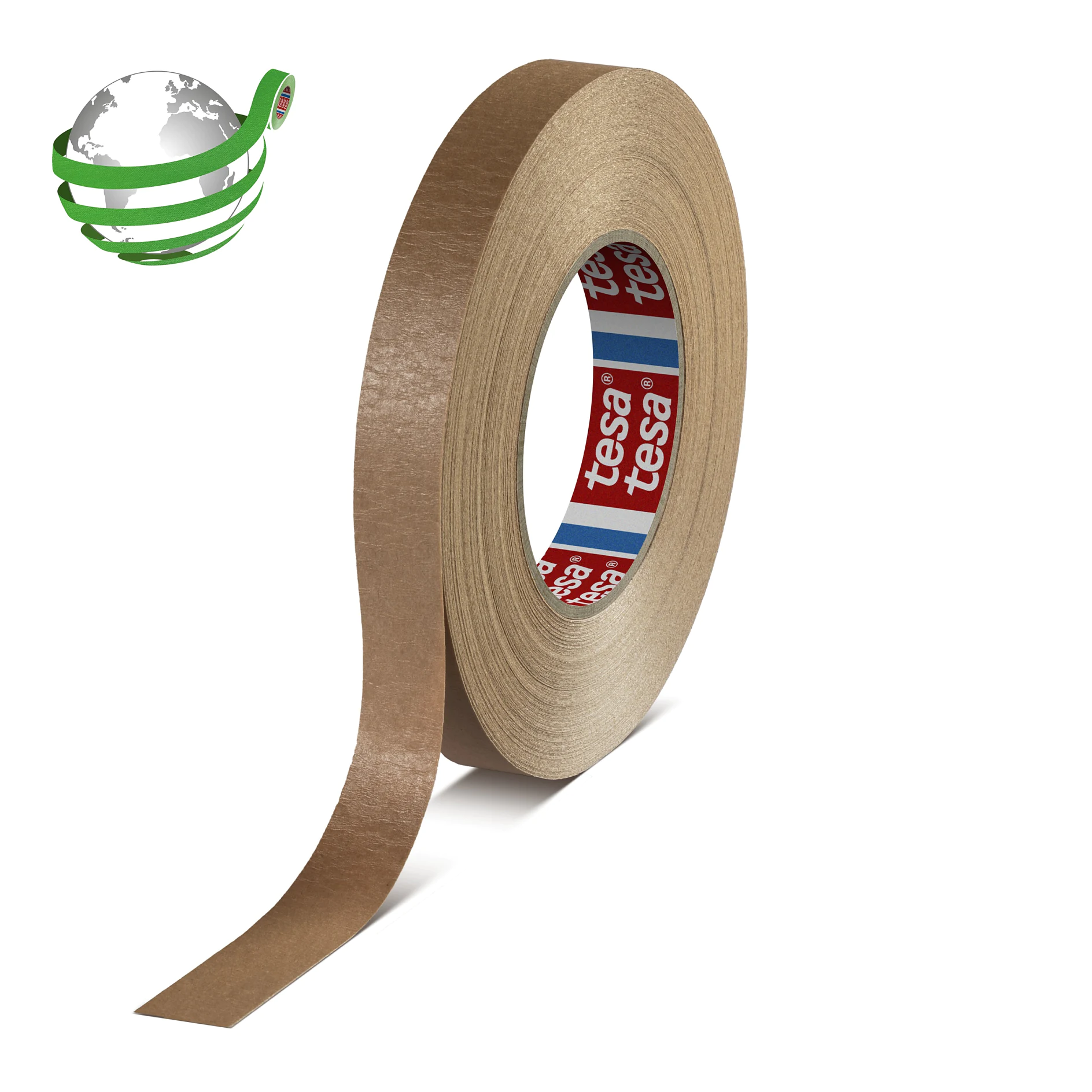 roll of brown tesa adhesive tape standing upright on white background with green and silver globe icon nearby (This text has been generated by AI)
