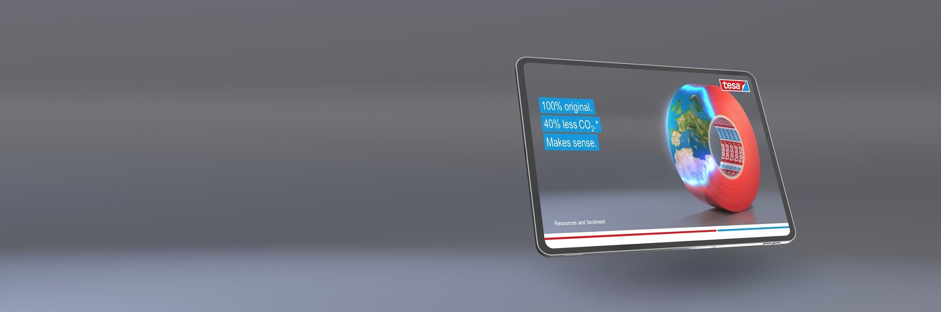 A digital display shows a globe with a red circular object next to it. Overlay text reads, 100% original, 41% less CO2 makes sense. The display is set against a gray background. (This text has been generated by AI)