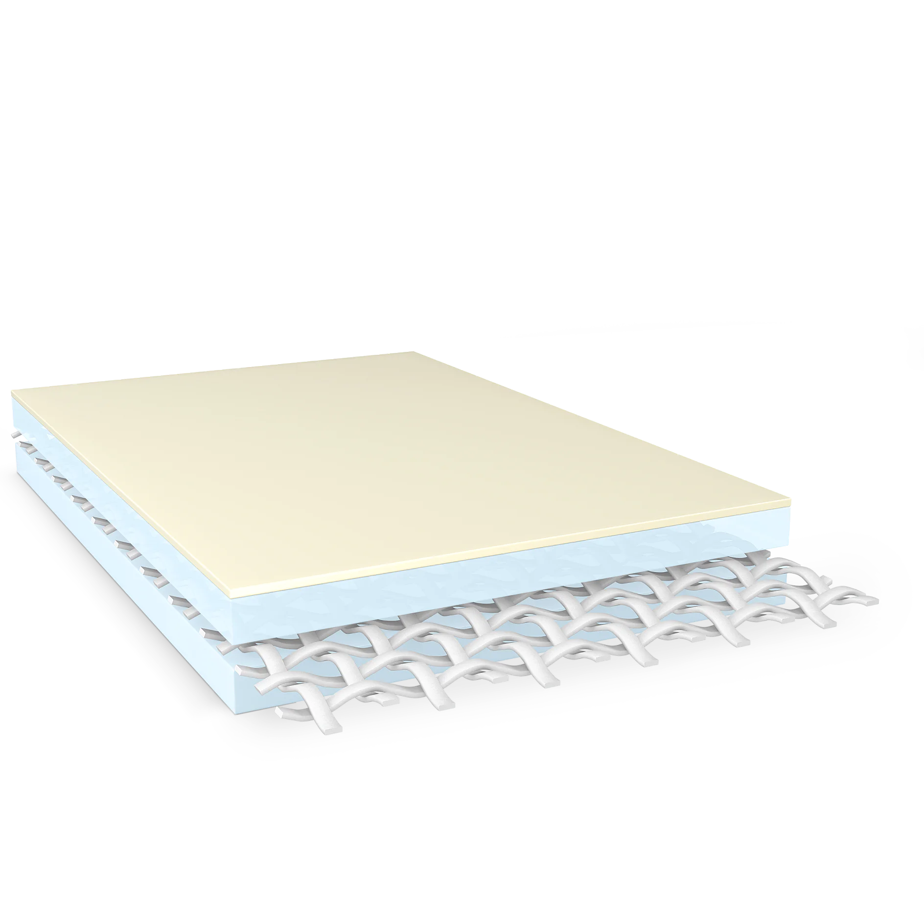 The image shows a 3D-rendered illustration of a mattress cutaway. It displays layers including a beige top cover, a blue layer beneath, and a lattice structure underneath, representing a mattresss internal composition. (This text has been generated by AI)