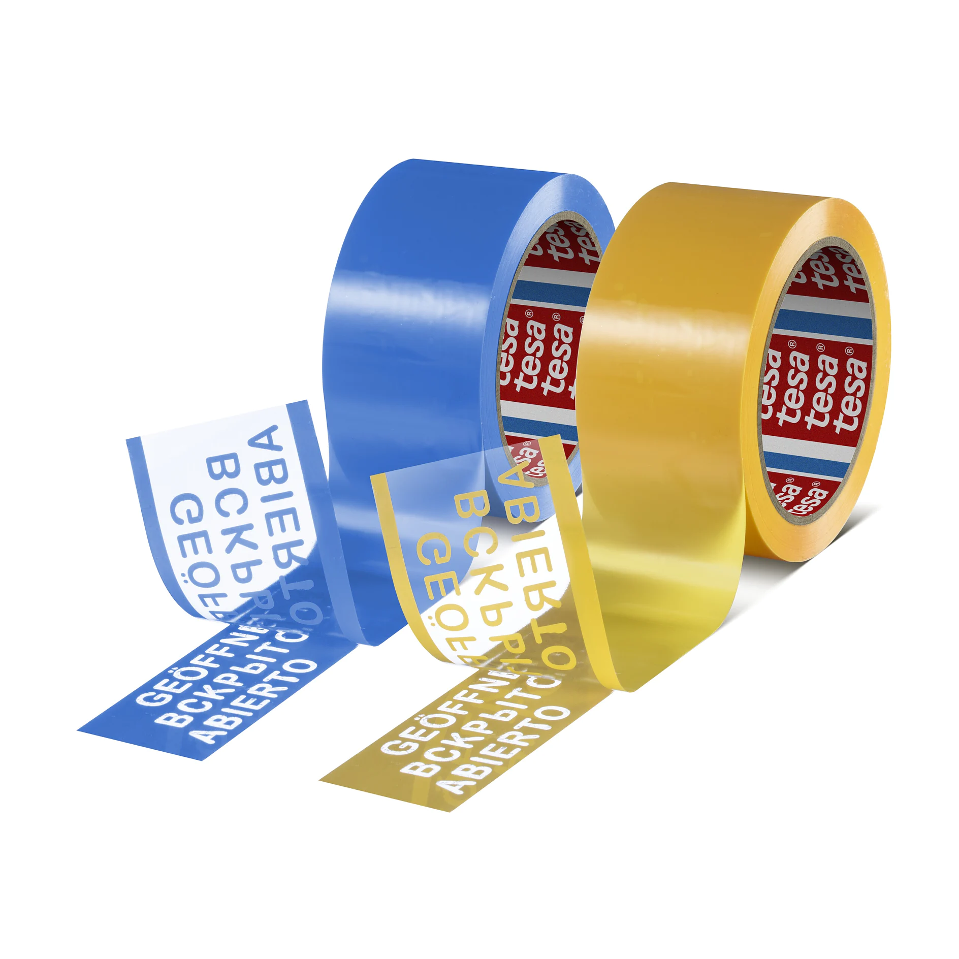 two rolls of tesa adhesive tape, one blue and one yellow, with printed text strips on a white background (This text has been generated by AI)