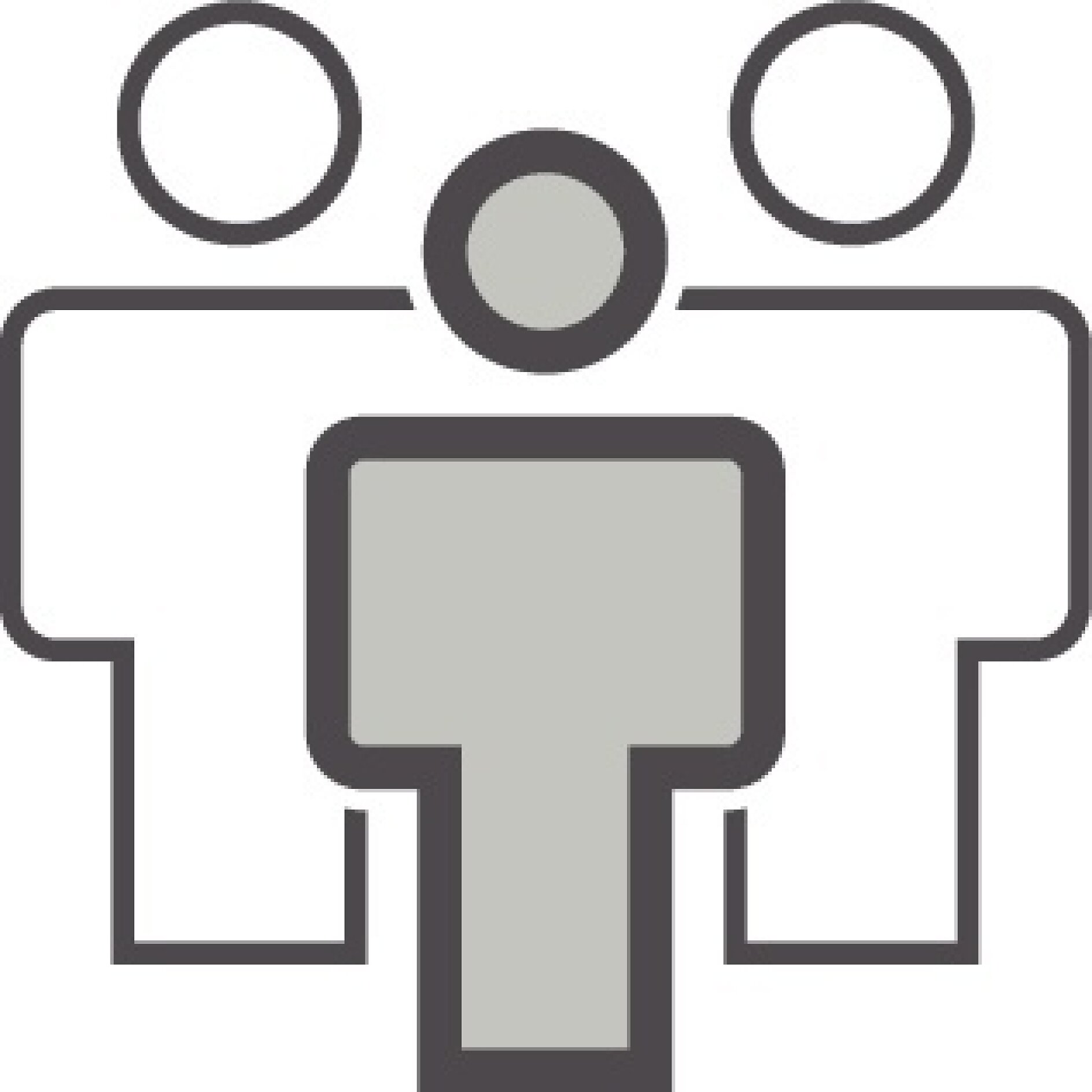 Abstract geometric illustration depicting three stylized human figures. The central figure is filled with a light gray color, while the figures on either side are outlined in black. The design incorporates minimalistic shapes intersecting each other, and all elements are secured with tesa tape for a clean finish. (This text has been generated by AI)