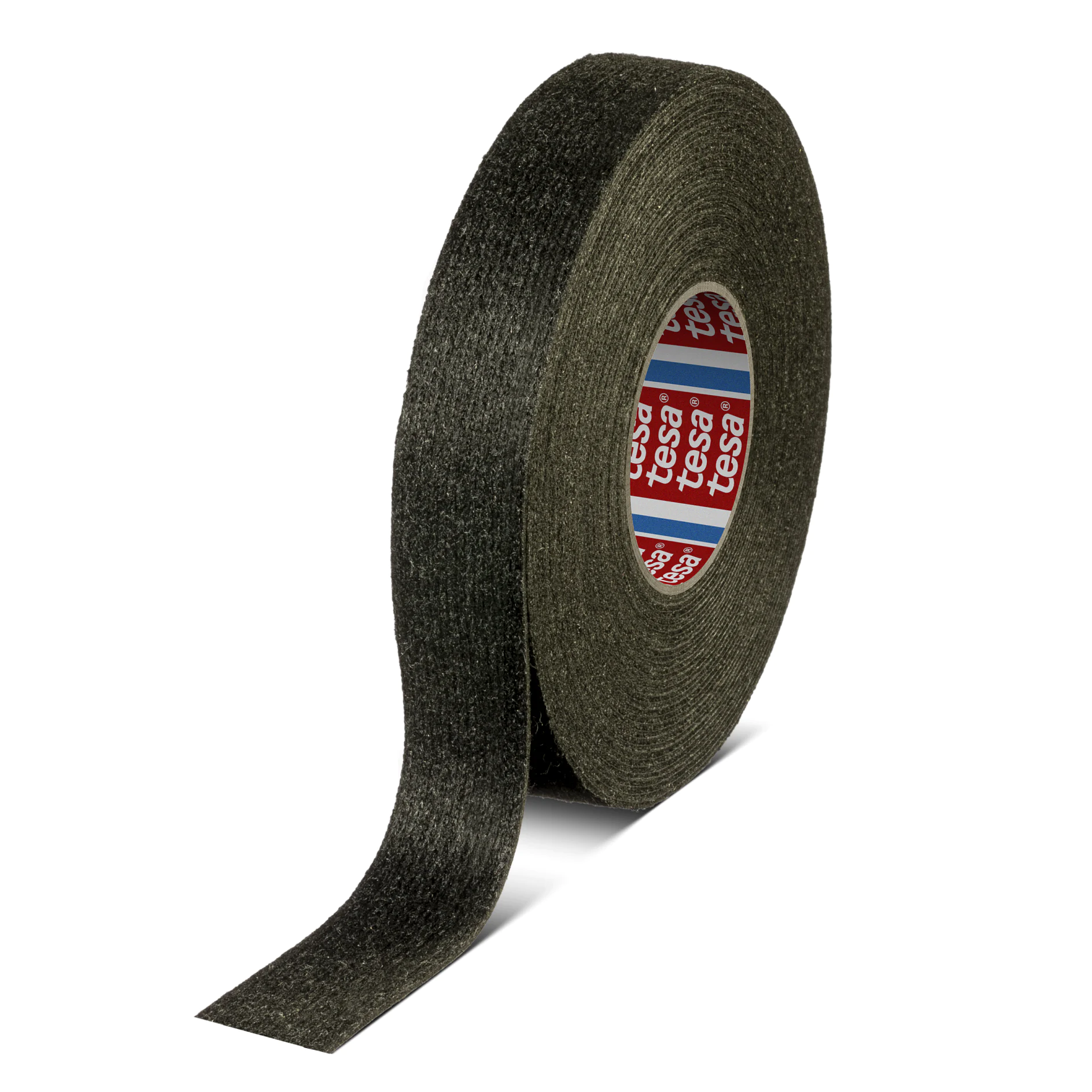 roll of tesa black adhesive tape partially unrolled on white background, isolated product image (This text has been generated by AI)