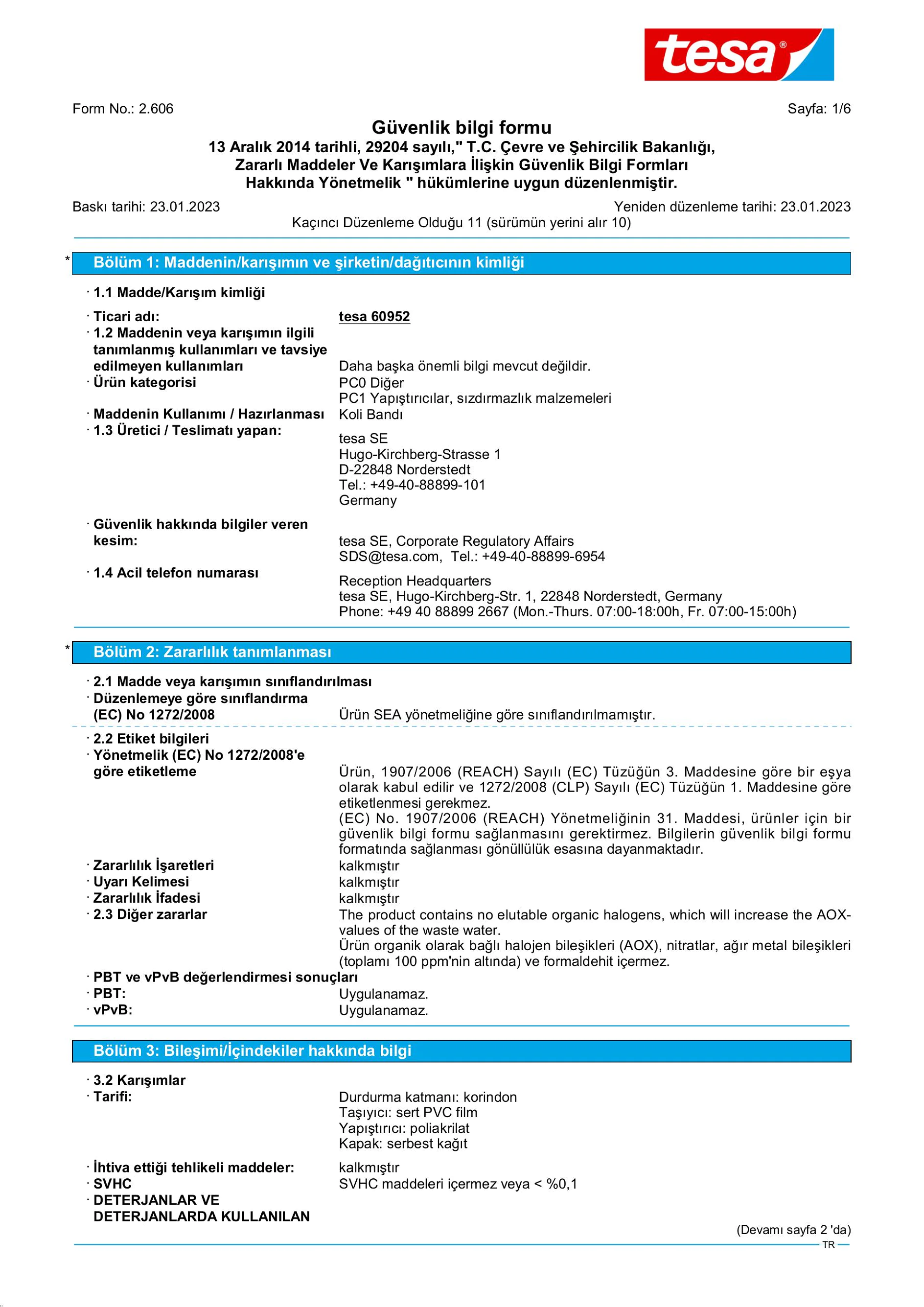 Safety data sheet_tesa® Professional 60950 / 60952_tr-TR_v11