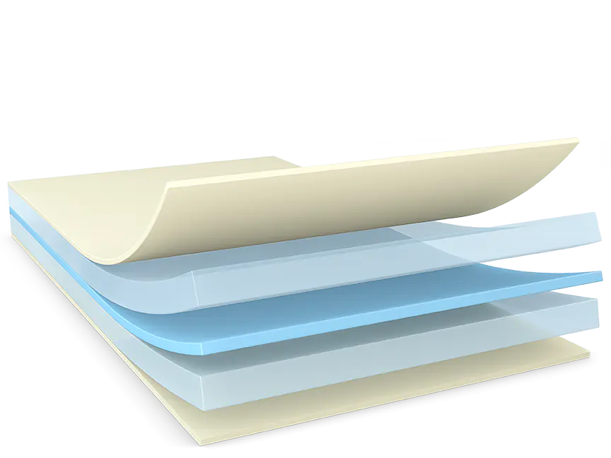 Illustration showing a stack of layered sheets, with alternating light yellow and blue translucent layers. The top sheet is slightly curled at the corner, secured in place with tesa tape. The layers are arranged in a neat pile with a soft shadow underneath.