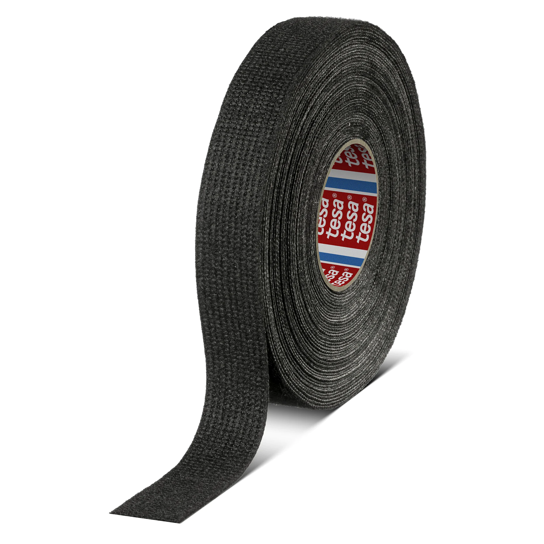 roll of black tesa cloth tape with textured surface on white background (This text has been generated by AI)