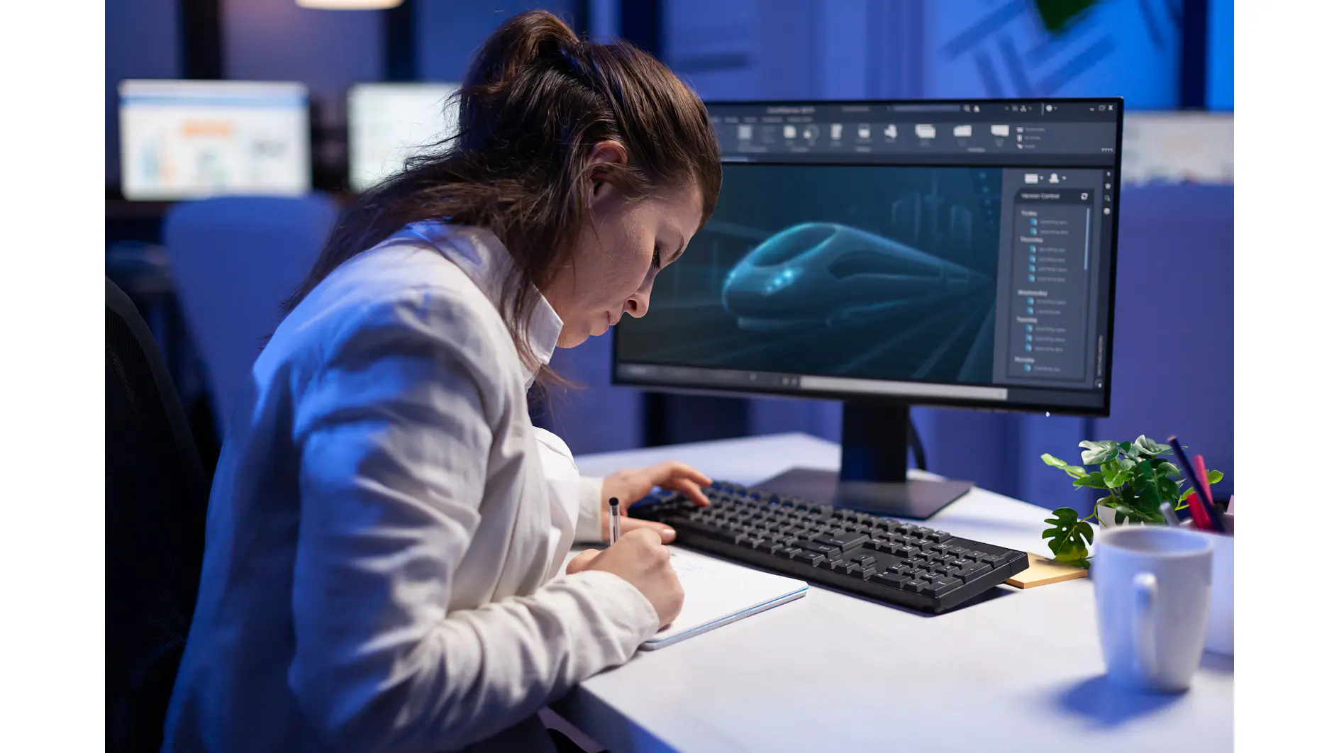 A woman in a white shirt writes in a notebook at a desk with a computer displaying a 3D model of a train. The room is dimly lit, and a mug and small plant are on the desk. Her hair is tied back, and she is focused on her work. (This text has been generated by AI)
