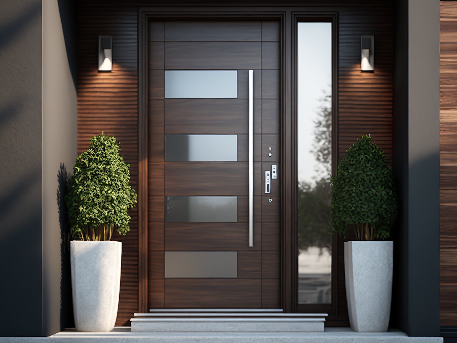 AdobeStock_557972926 A modern front door with a wooden design and frosted glass panels is flanked by two tall potted plants in white planters. The facade features horizontal wood slats and dark walls, with wall-mounted lights illuminating the entrance. (This text has been generated by AI)