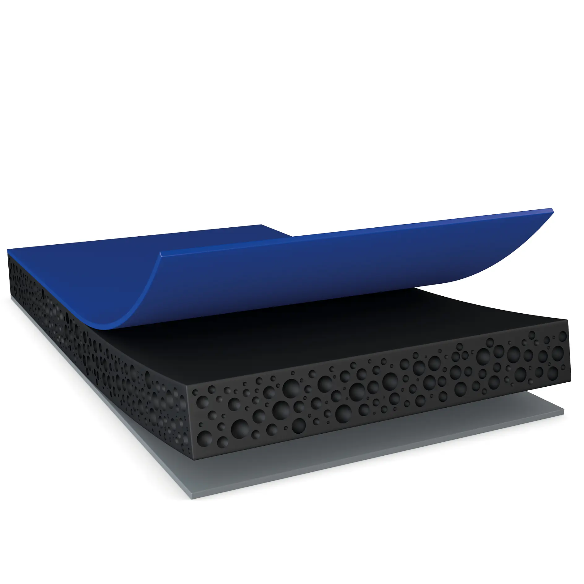 Illustration of a layered structure showing a blue flexible top layer, a black foam-like middle layer with bubble texture, and a solid gray base layer. The blue tesa tape layer is partially peeled away, revealing the black tesa tape layer beneath. (This text has been generated by AI)