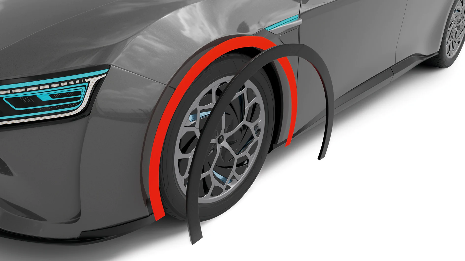 Close-up of a gray cars front left wheel, with an area highlighted using tesa tape. The image features an outlined red arc, likely showing a design feature or modification. The wheel has a modern, intricate design. (This text has been generated by AI)