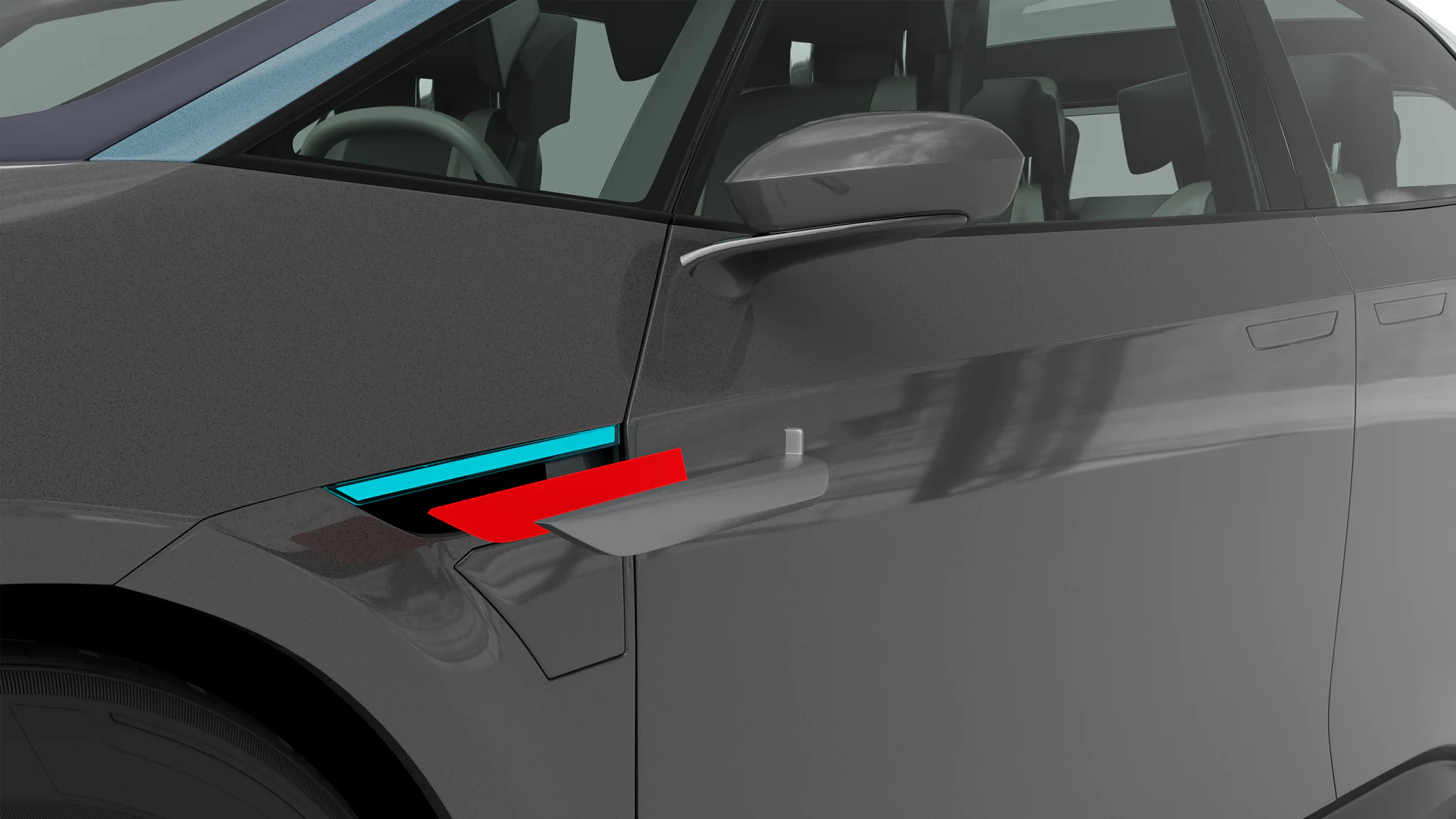 Close-up of a gray cars side, highlighting its door, side mirror, and two colored accents: a blue stripe above a red stripe. Reflections are visible on the cars surface, and part of the steering wheel is visible through the window. (This text has been generated by AI)