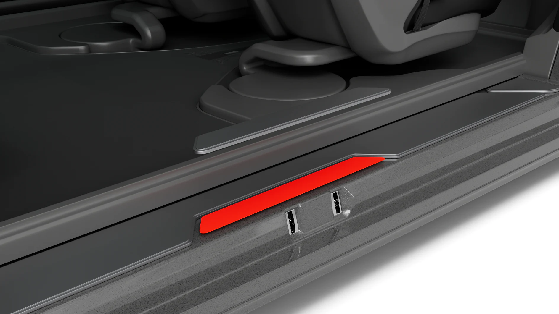 Interior view of a car door sill featuring a red illuminated strip and two USB ports. The design includes gray accents and a portion of the cars seating can be seen in the background. (This text has been generated by AI)