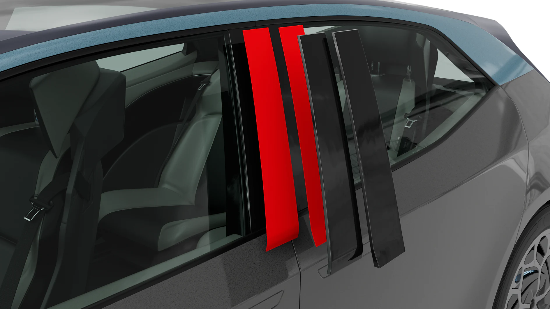 A close-up of a car door reveals three vertical wind deflectors attached to the top edge of the window using tesa tape. The deflectors include two black ones on the right and one red one on the left. The interior of the car is visible through the window. (This text has been generated by AI)