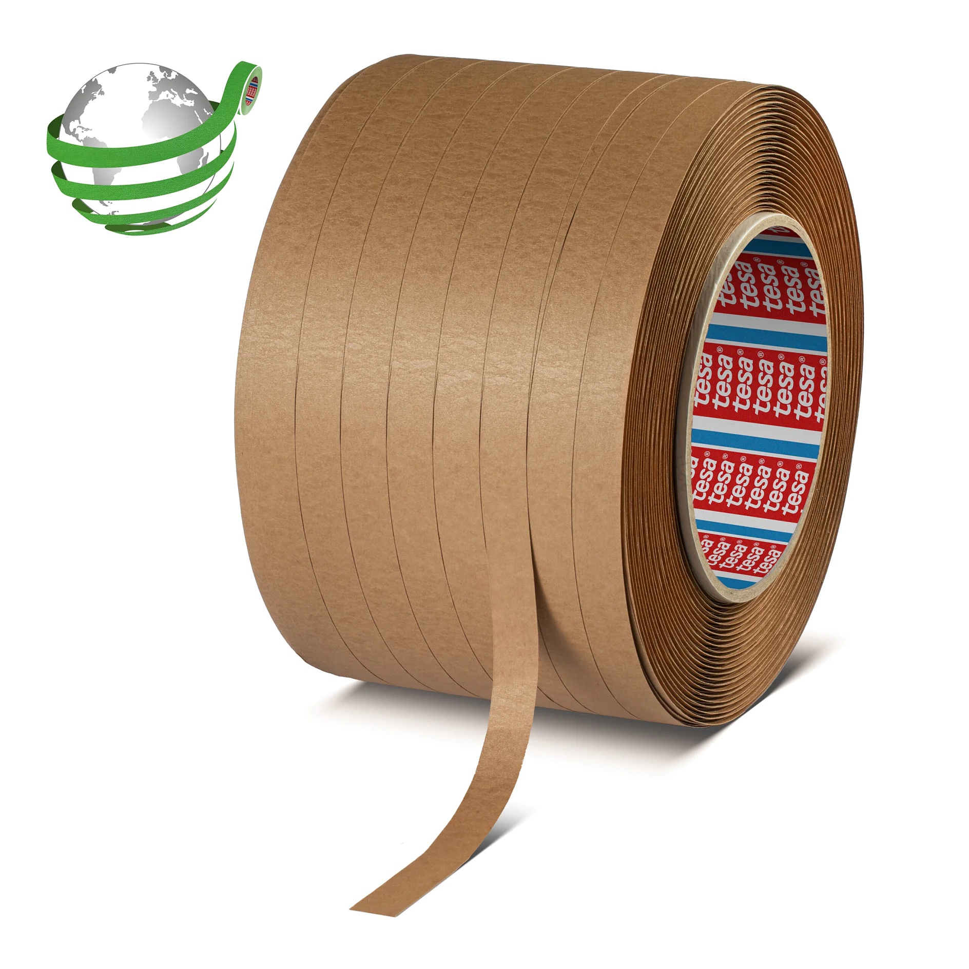 roll of brown tesa adhesive tape with partially unrolled strip on white background and green globe logo (This text has been generated by AI)
