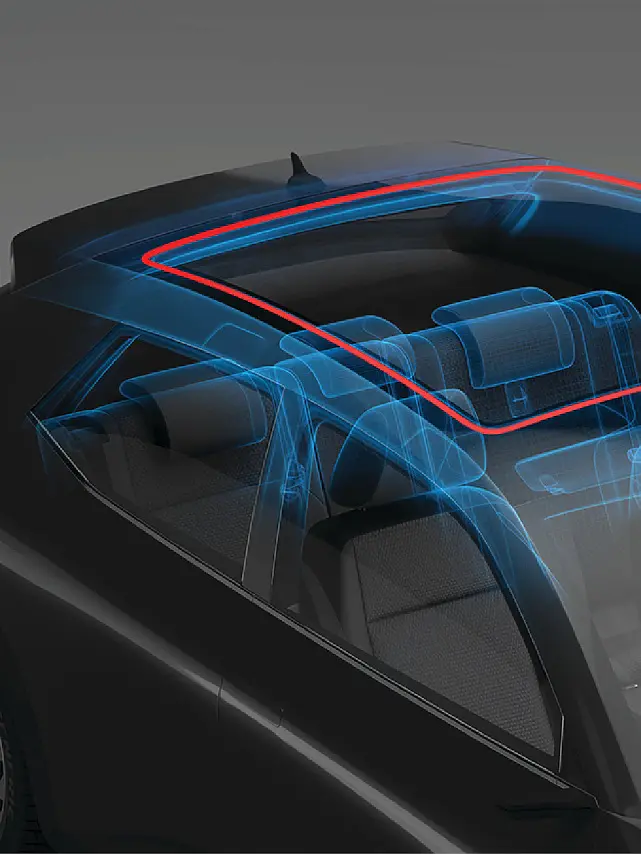 A car with a transparent overlay showing the interior seating and structure, highlighting the sunroof area in red, featuring tesa tape. (This text has been generated by AI)