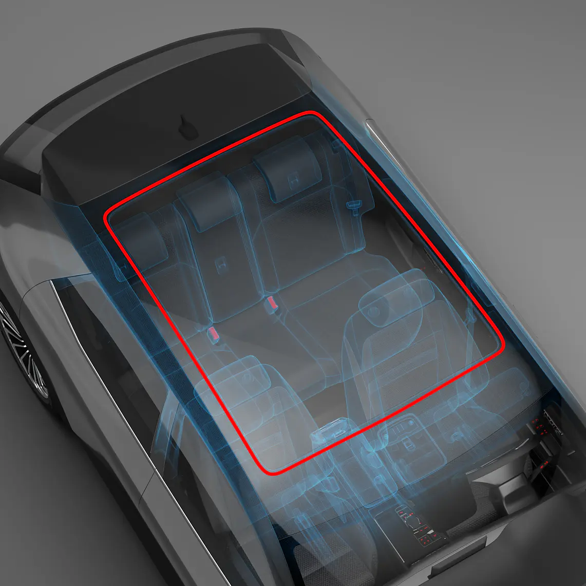 A transparent top view of a car shows the interior seats, with the rear passenger area outlined in red using tesa tape. The image highlights the back seat section within the car’s cabin. (This text has been generated by AI)