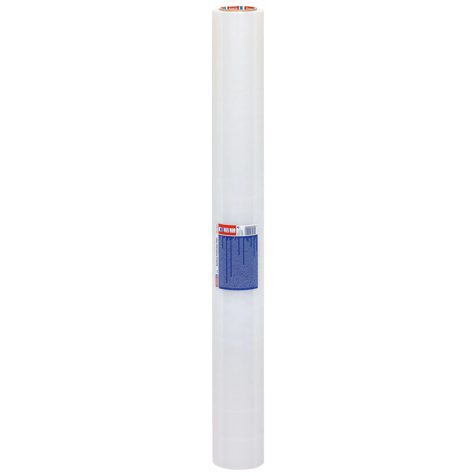 two rolled sheets of white tesa adhesive film standing upright on a white background (This text has been generated by AI)