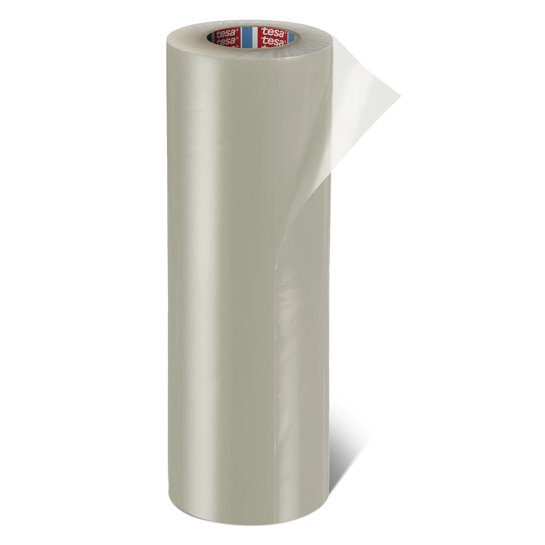 clear tesa adhesive tape roll with one end slightly peeled, standing upright on a white background (This text has been generated by AI)