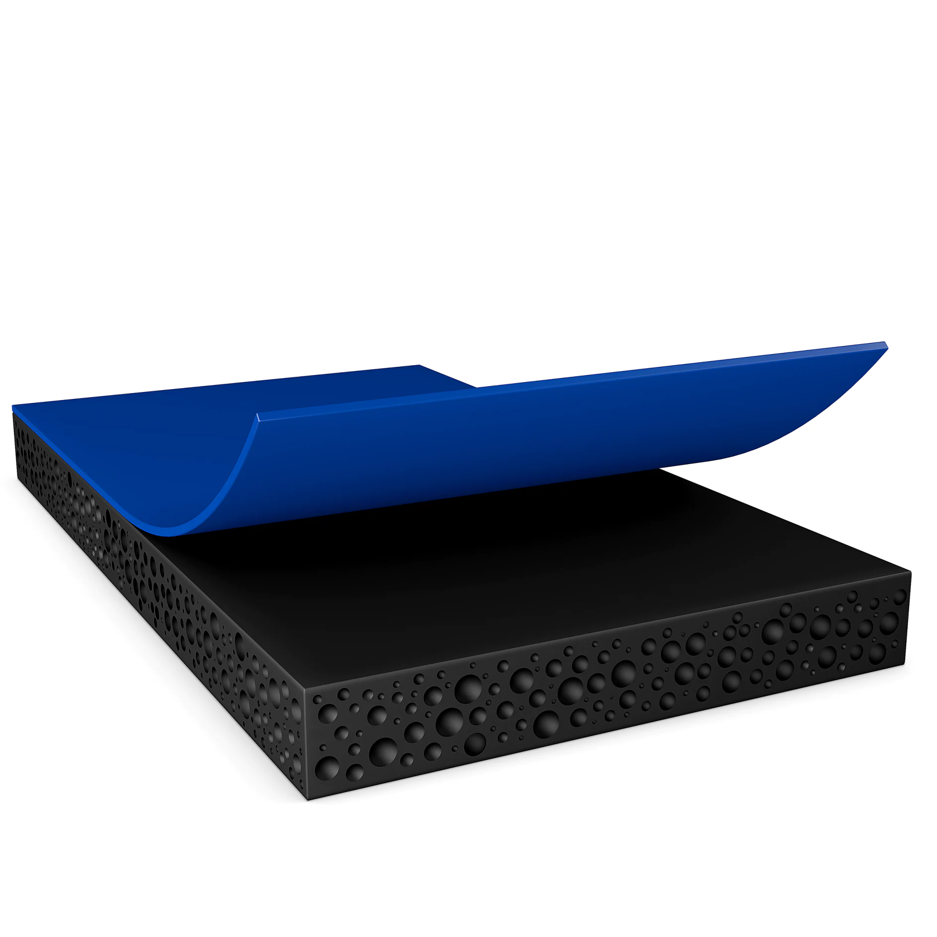 blue tesa adhesive tape partially peeled from black textured foam surface on white background (This text has been generated by AI)