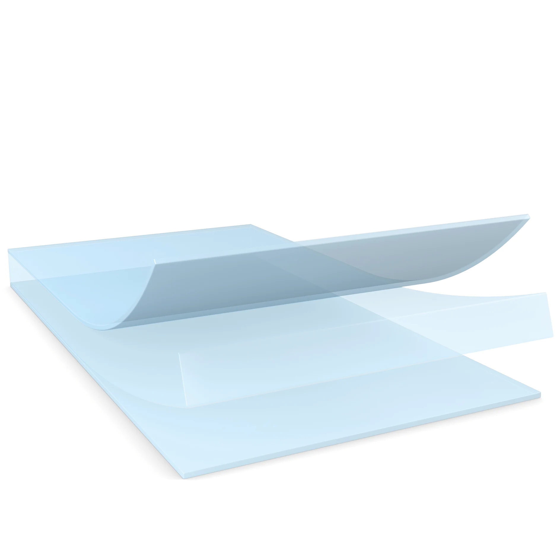 transparent blue adhesive film partially peeled off on white background, showing layered structure of tesa tape (This text has been generated by AI)