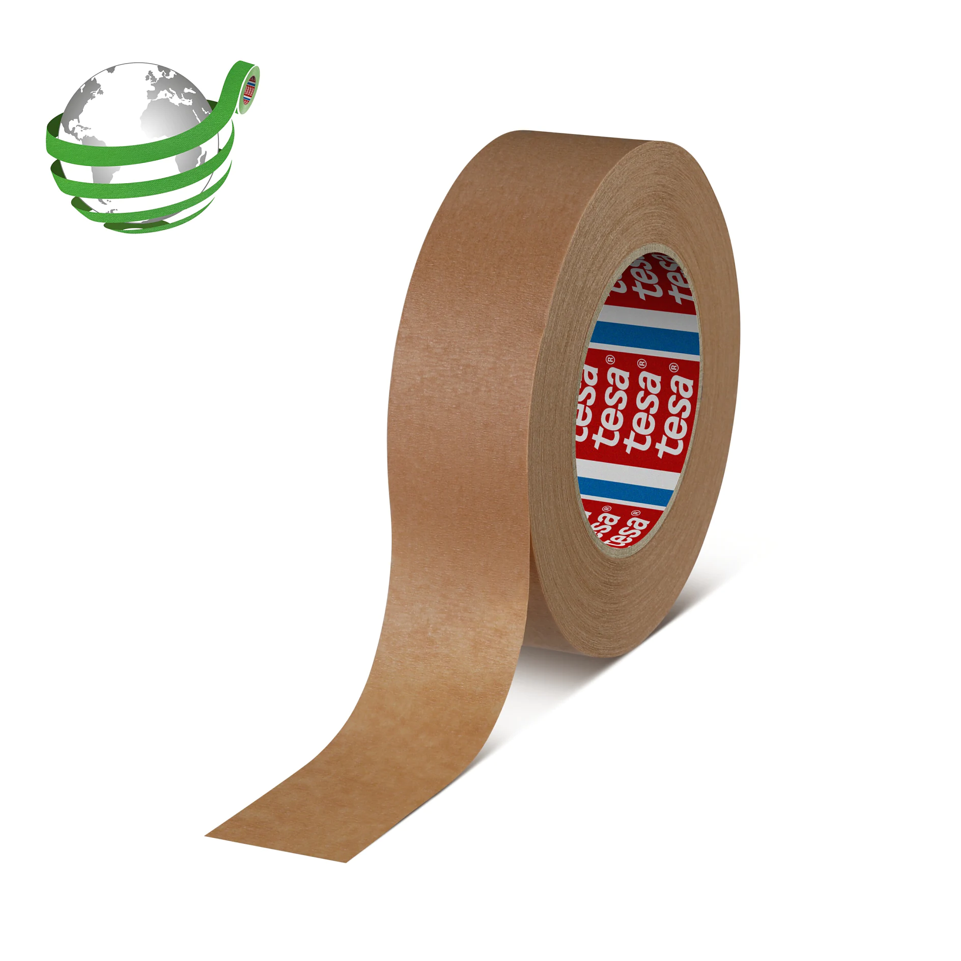 brown tesa adhesive tape roll with partially unrolled strip on white background, isolated product image for packaging use (This text has been generated by AI)