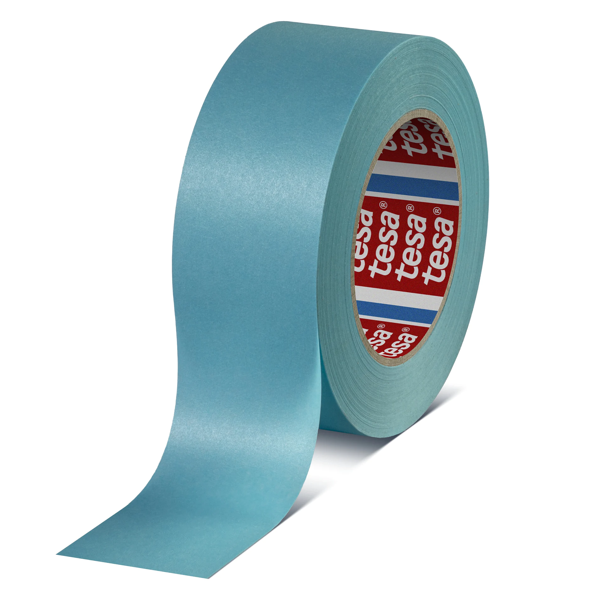 roll of blue tesa adhesive tape with partially unrolled strip on white background (This text has been generated by AI)