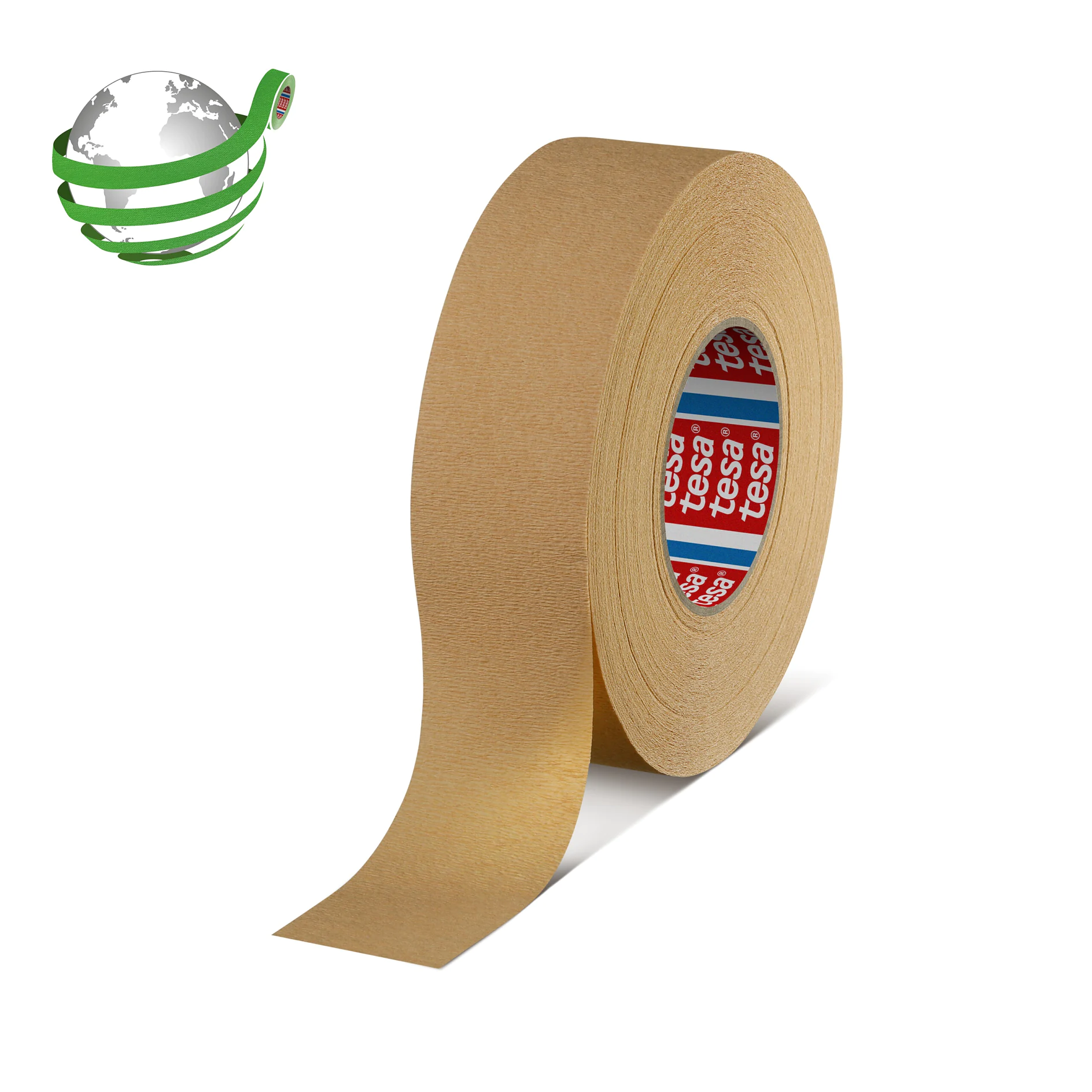 roll of brown tesa adhesive tape standing upright on white background with green and silver globe logo in top left corner (This text has been generated by AI)