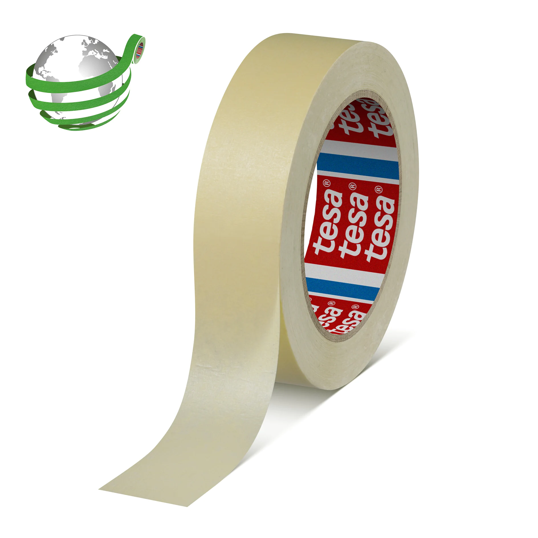 roll of beige tesa adhesive tape with partially unrolled strip on white background, indoor studio setting (This text has been generated by AI)